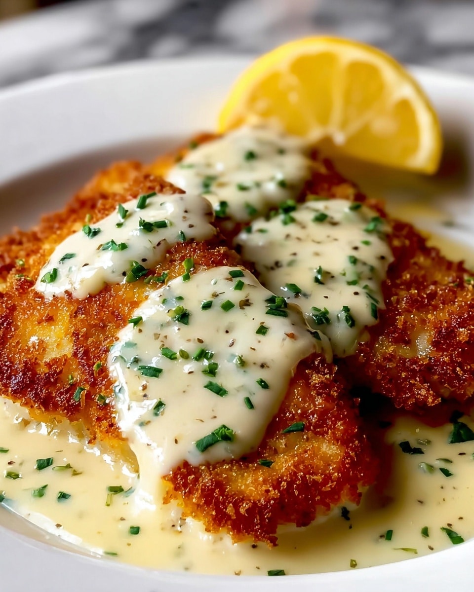 The image shows two golden-brown, crispy fried fish fillets lying side by side on a white plate. Each fillet is topped with a creamy white sauce that has a smooth texture and is lightly sprinkled with finely chopped green herbs. Behind the fish fillets, there is a lemon wedge with a bright yellow, juicy interior and a slightly textured peel, placed at the top edge of the plate. The sauce pools slightly around the edges of the fillets, giving a glossy look, and the plate rests on a white marbled surface. photo taken with an iphone --ar 4:5 --v 7