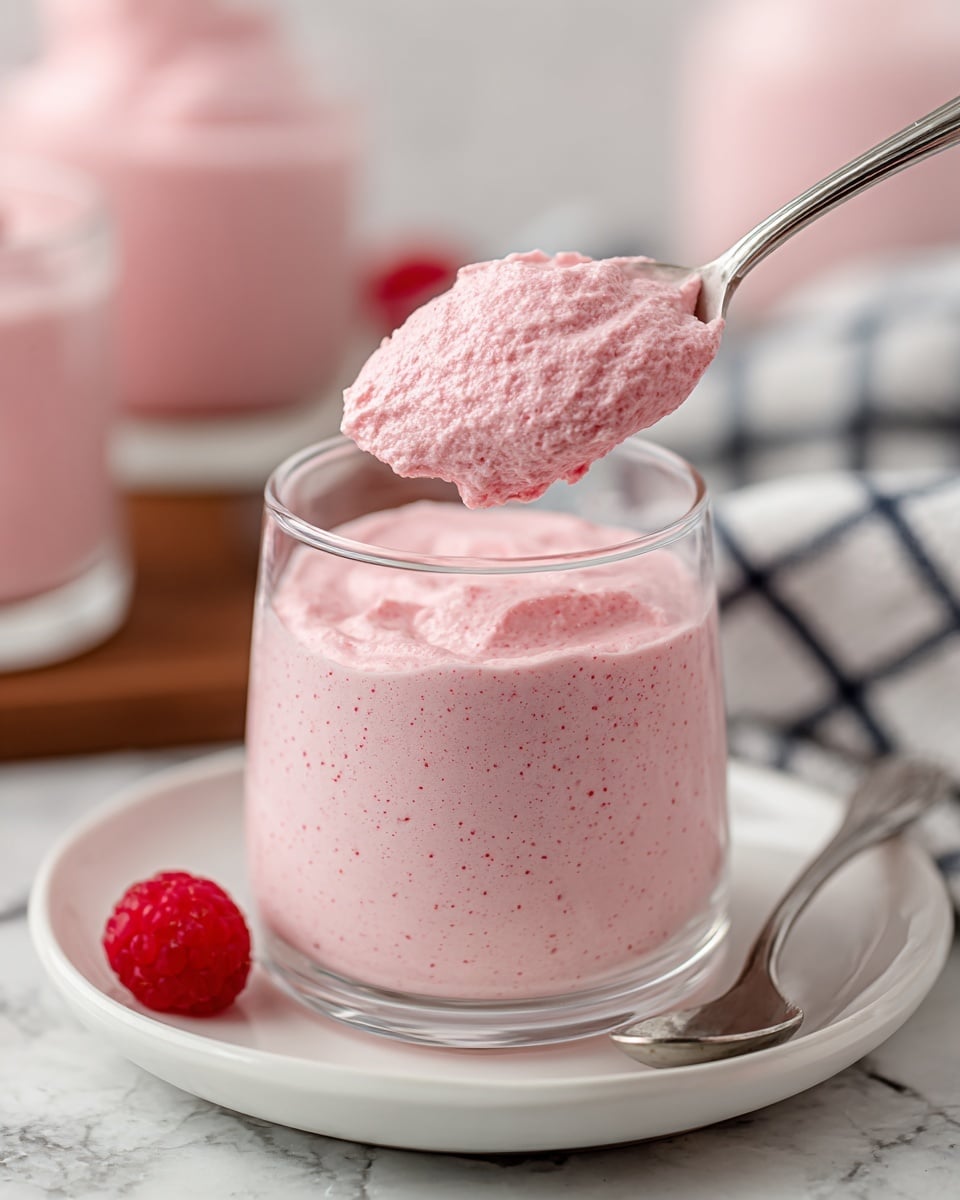A clear glass filled with a light pink, fluffy mousse that has a soft, airy texture with tiny air bubbles visible throughout. A spoon is lifted above the glass, holding a generous scoop of the same pink mousse, showing its light and whipped consistency. The glass is placed on a white plate with a silver spoon resting beside it. A single red raspberry is visible near the edge of the plate. The background shows a white marbled texture with blurred elements including a checkered cloth and more glasses containing the same pink mousse. photo taken with an iphone --ar 4:5 --v 7