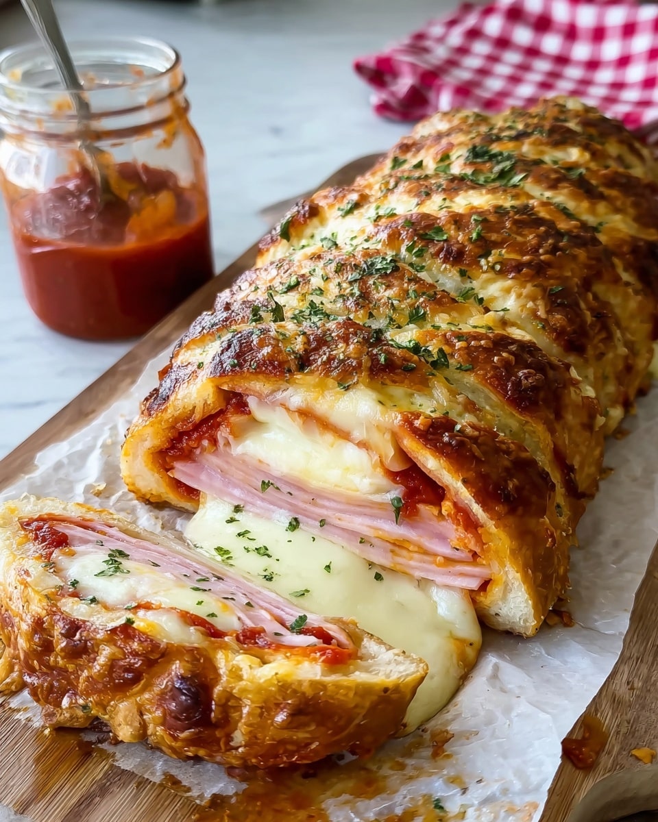The image shows a long braided pastry loaf cut into six thick slices, each slice revealing three visible layers inside. The outer layer is a golden brown, shiny, and flaky baked crust sprinkled with green herbs. Inside, the first filling layer is a bright red, glossy pepperoni, folded to show its texture. Beneath this is a pinkish ham layer, thinly sliced and slightly curled. The bottom layer is thick, creamy white melted cheese with a smooth, gooey texture that slightly oozes out. The loaf rests on white parchment paper placed on a wooden board. The background features a white marbled surface with a folded red and white checkered cloth and some kitchen jars. photo taken with an iphone --ar 4:5 --v 7