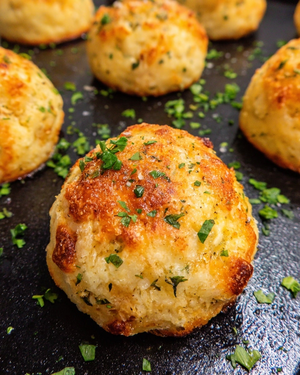 The image shows round golden brown baked balls with a slightly crispy texture on the outside and some darker toasted spots. They are sprinkled with small pieces of fresh green herbs on top and around on the black baking tray. The balls have a rough, crumbly surface with a soft look, and the background is a white marbled texture. photo taken with an iphone --ar 4:5 --v 7
