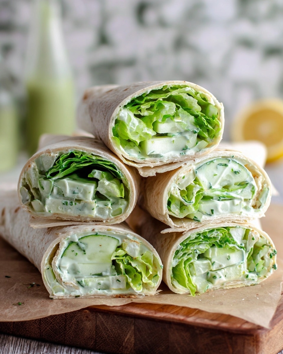 The image shows four tortilla wraps cut in half and stacked on a wooden board with brown paper underneath. Each wrap has a soft, light beige outer tortilla layer holding fresh, green leafy lettuce and slices of pale green cucumber inside. The filling is creamy with a white sauce dotted with small green herbs, giving a fresh and moist look to the wraps. The background is blurry with a white marbled texture, and a bottle with a green liquid and a lemon half can be faintly seen. photo taken with an iphone --ar 4:5 --v 7