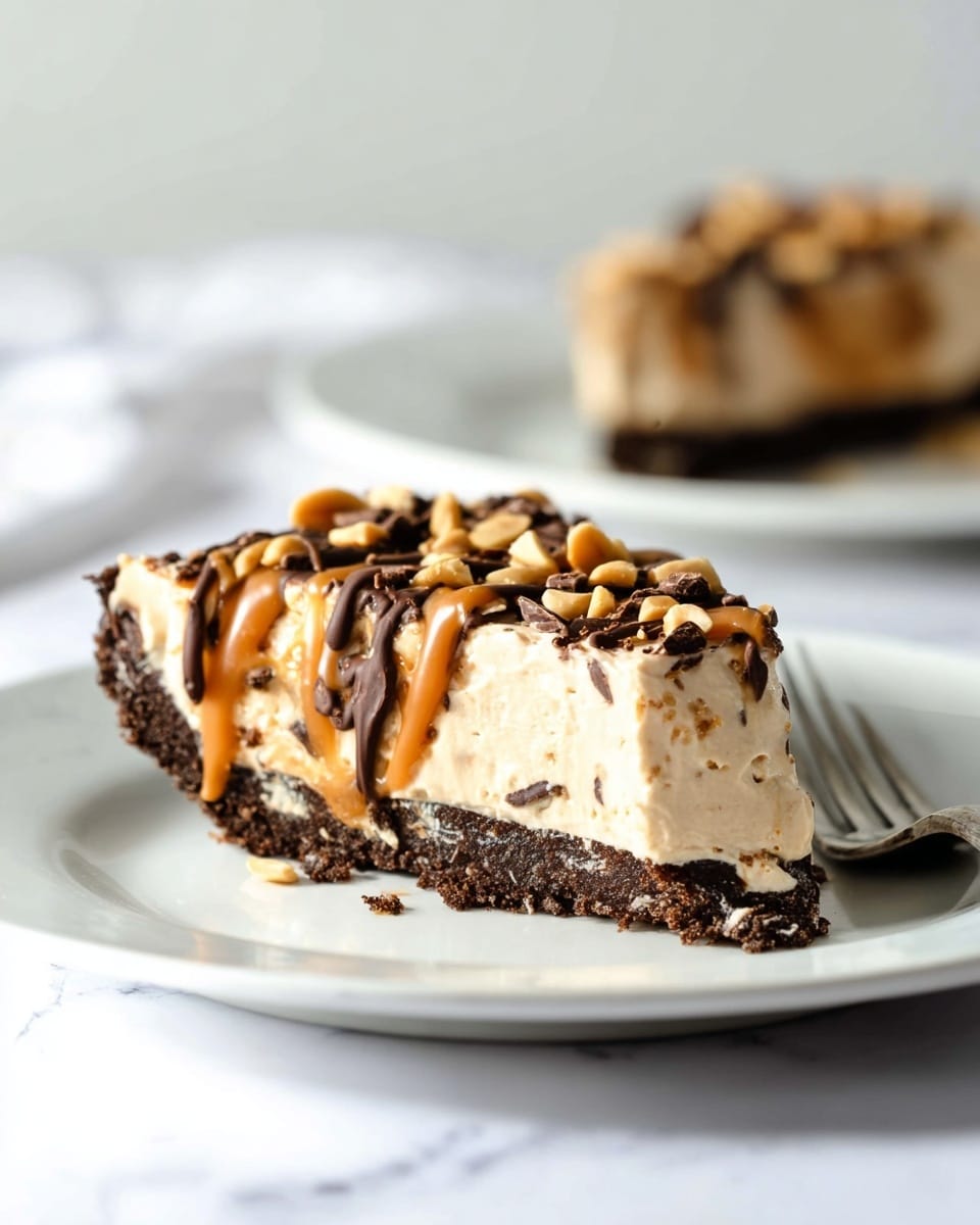 A slice of pie with three clear layers sits on a white plate over a white marbled surface. The base layer is a dark brown, crumbly crust. Above it, there is a thick, creamy light brown filling with some small darker spots. The top layer is a mixture of drizzled caramel and chocolate sauce, along with whole peanuts and chocolate shavings scattered on top. In the background, a blurred second slice of pie rests on a white plate, and a silver fork lies near the front edge of the scene. photo taken with an iphone --ar 4:5 --v 7