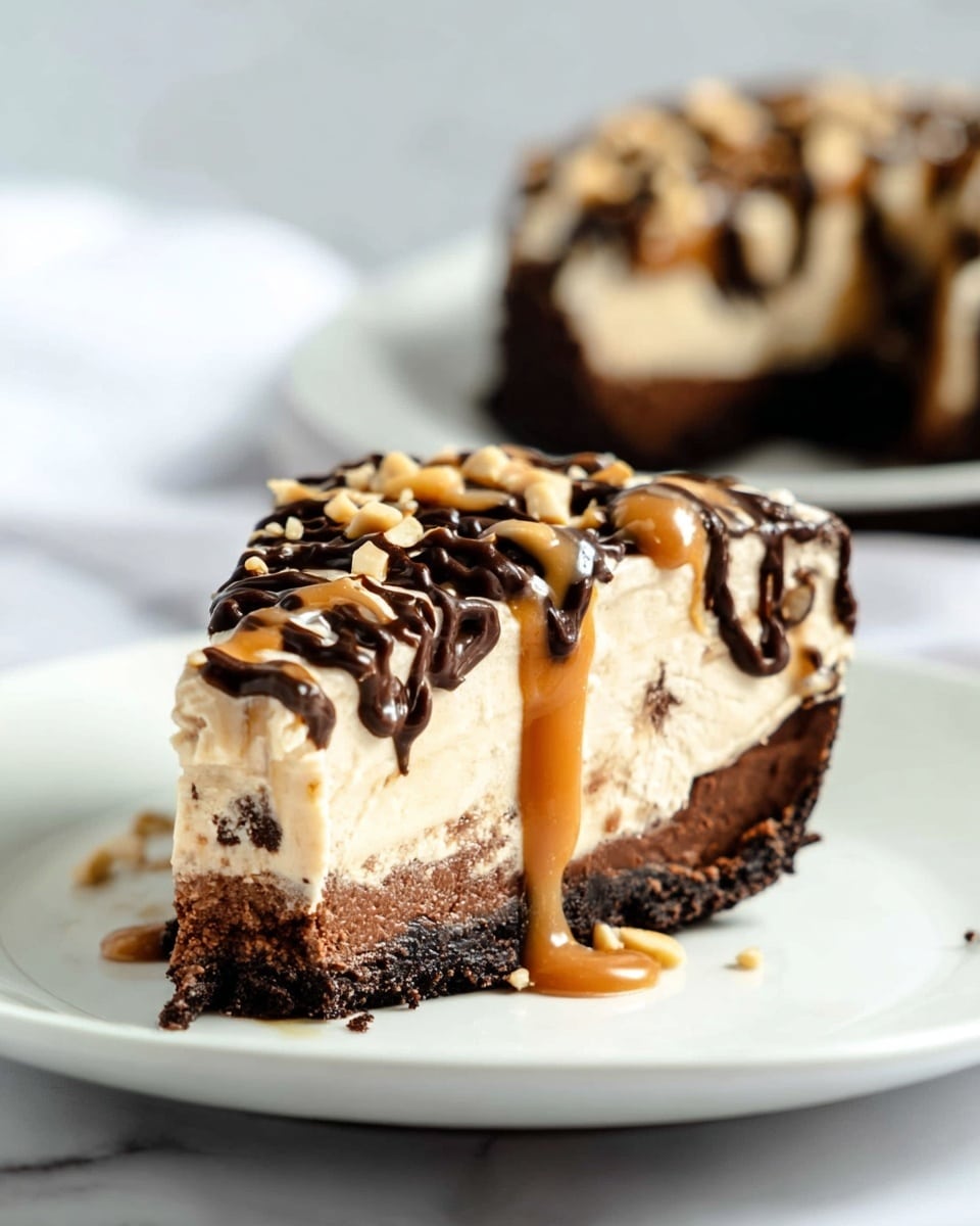 A slice of rich dessert is shown on a white plate placed on a white marbled surface. The dessert has two main layers: a thick, dark brown chocolate crust on the bottom with a soft, creamy light brown filling layer on top. The filling is topped with a swirl of dark chocolate and light caramel sauce, with scattered light brown nuts adding texture. In the blurred background, another similar slice sits on a white plate, emphasizing the focus on the front slice. photo taken with an iphone --ar 4:5 --v 7