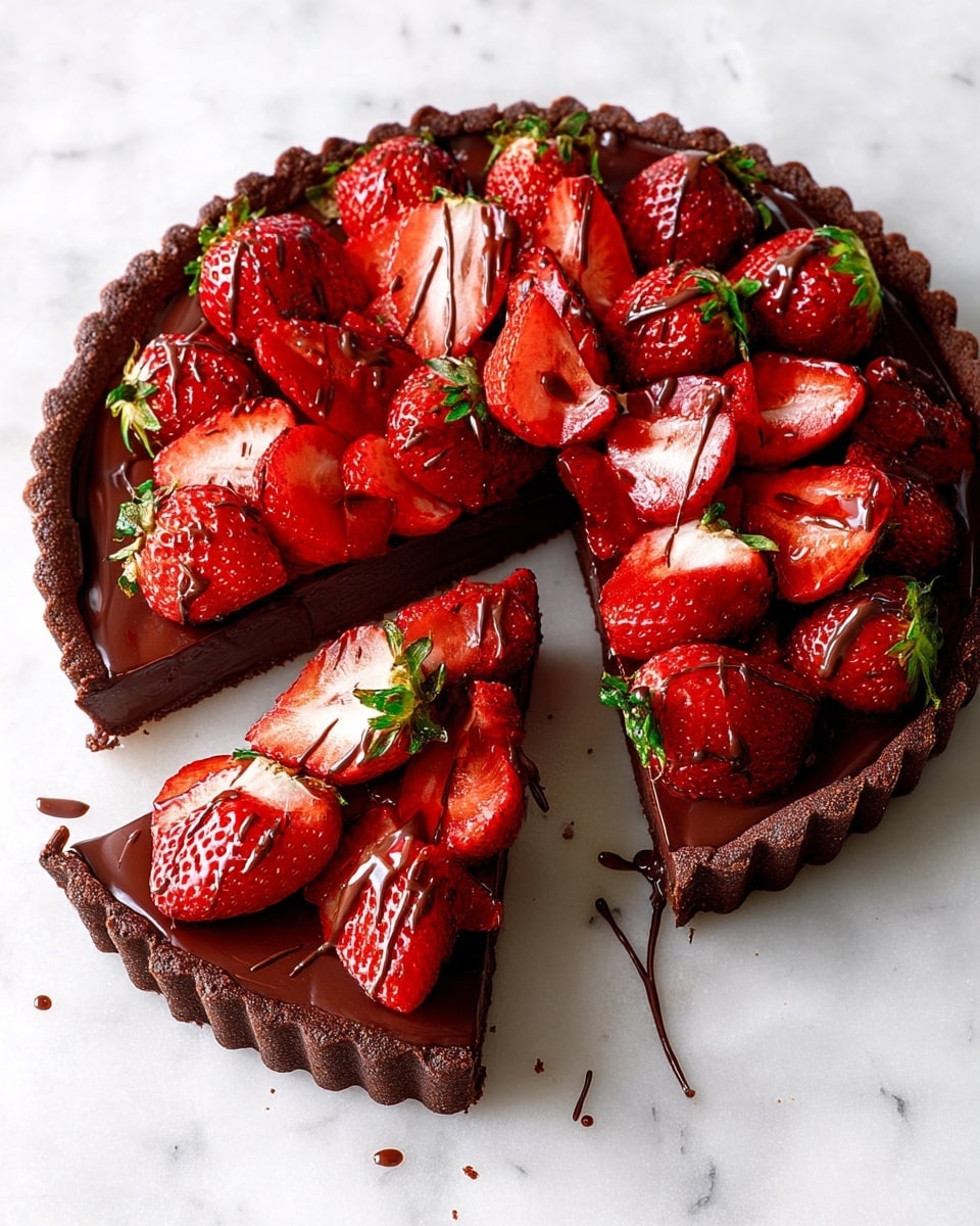 A round tart with a thick, dark brown chocolate crust forms the base, filled with a smooth, glossy dark chocolate ganache layer. On top, fresh red strawberries, some whole with green leaves and some halved showing their bright red interior, are arranged in a crescent shape on one side of the tart, leaving the ganache visible on the other half. The tart sits on a white marbled surface, contrasting with the rich colors of the chocolate and strawberries. photo taken with an iphone --ar 4:5 --v 7