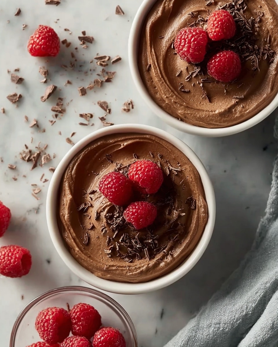 A close-up view of two white bowls filled with smooth, creamy chocolate mousse that has a rich brown color and a soft, swirled texture on top. One bowl is topped with three bright red raspberries arranged near the center and sprinkled with small, dark chocolate shavings that add texture and contrast. Near the bottom left, a small clear glass dish holds several more fresh raspberries. The bowls sit on a white marbled surface with scattered chocolate shavings and a soft grey cloth partially visible in the upper right. photo taken with an iphone --ar 4:5 --v 7