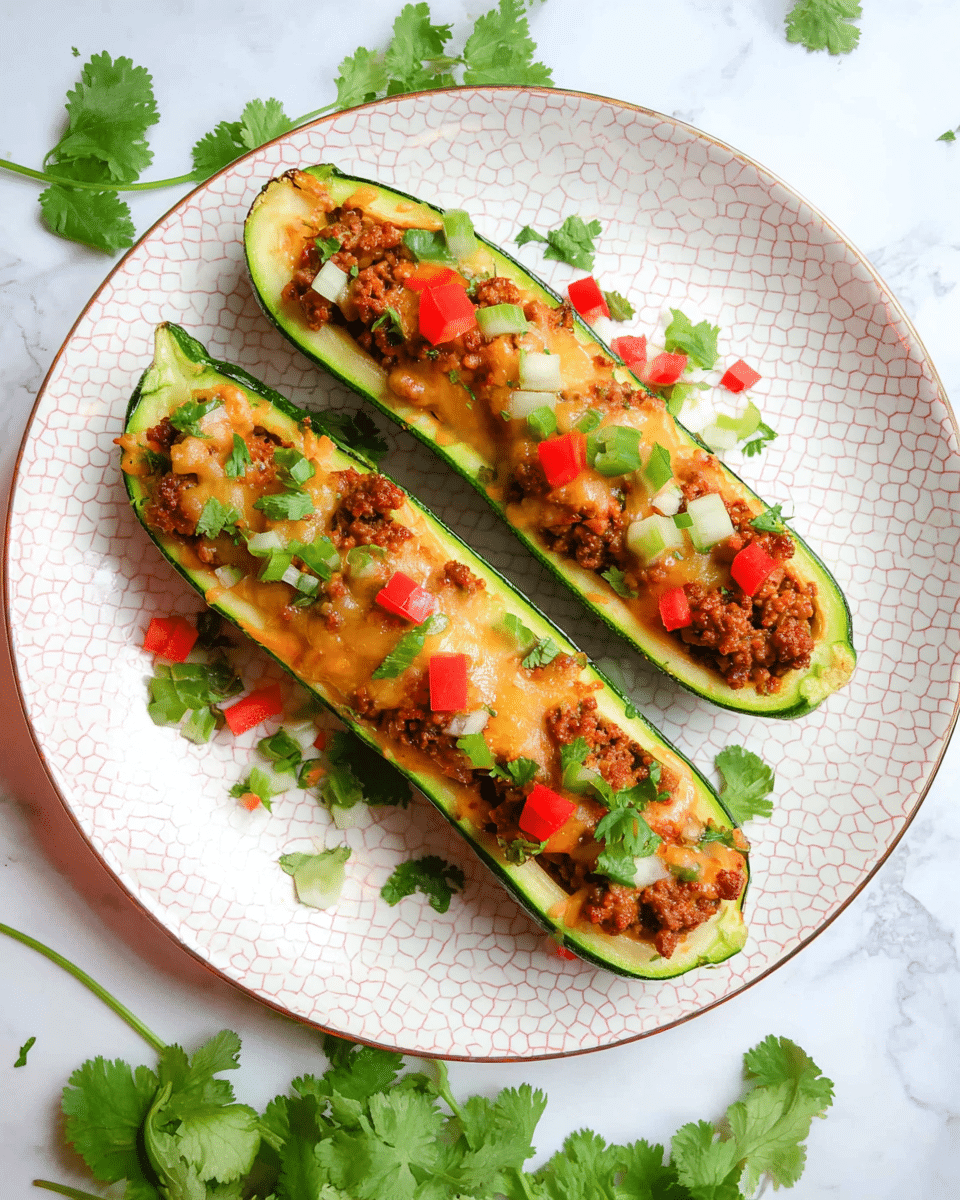 Two stuffed zucchini halves lie side by side on a round white plate with a subtle hexagonal pattern and a thin reddish edge. Each zucchini has a bright green outer layer, hollowed out and filled with a brown, crumbly ground meat mixture. Melted golden cheese is draped over the meat, with small colorful pieces of red tomato, white onion, green bell pepper, and fresh cilantro leaves scattered on top and around the zucchini. The plate is set on a white marbled surface with sprigs of fresh cilantro placed nearby. photo taken with an iphone --ar 4:5 --v 7