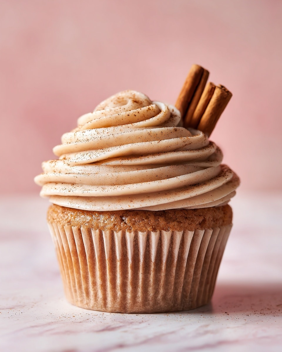 A single cupcake sits centered on a white marbled surface, wrapped in a fluted light brown paper liner. The cupcake base is a soft brown color, with a lightly textured top. On top, there are two swirled layers of creamy, light beige frosting with fine ridges, the larger swirl at the bottom and a smaller peak placed behind it. The frosting is sprinkled with a dusting of fine brown powder, and two vertical cinnamon sticks are stuck into the frosting near the back right side. The background is a smooth soft pink color, giving a warm and inviting feel. photo taken with an iphone --ar 4:5 --v 7