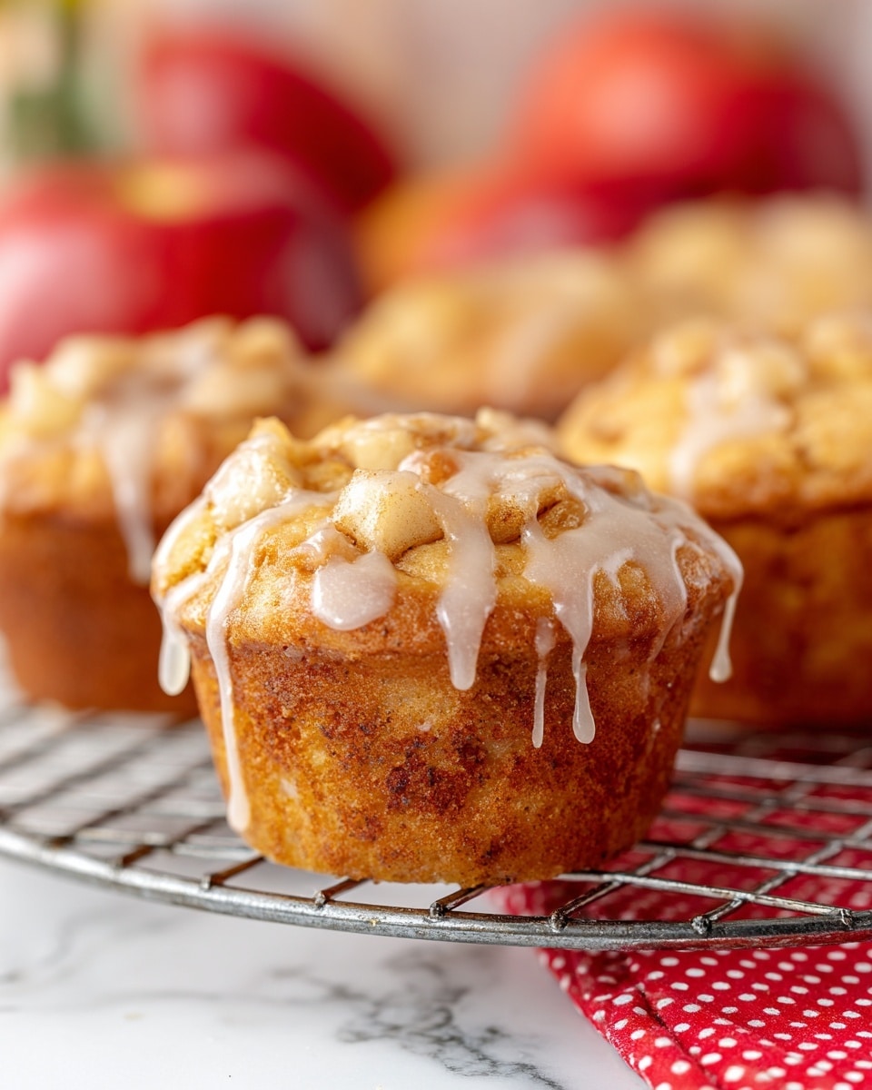 Seven small round pastries sit on a round metal cooling rack placed on a white marbled texture. Each pastry has a golden-brown base topped with a layer of soft, cooked apple pieces glazed with a shiny, light brown syrup, and finished with a drizzle of white icing. A gold fork held by a woman's hand is gently touching one pastry at the bottom. To the top left, there is a metal basket filled with fresh red apples, and one apple lies just below the basket. A few cinnamon sticks are spread near the apples at the top. On the right, a small white cup contains a light cream liquid, and a bright green leafy plant partly fills the top right corner. A red cloth with white dots peeks in from the bottom left, with two more gold forks placed on the white marble texture at the bottom right. Photo taken with an iphone --ar 4:5 --v 7