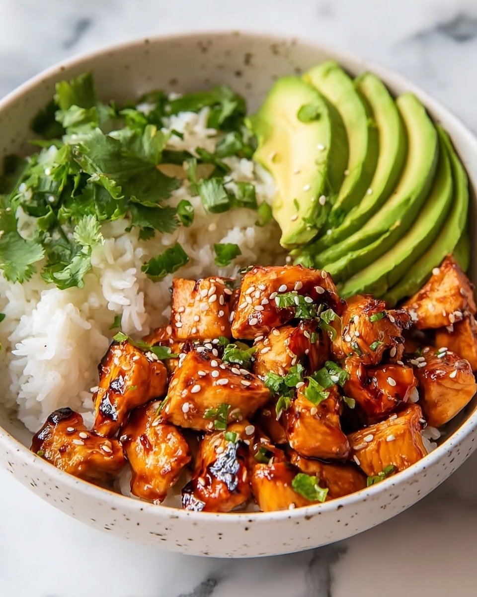 A bowl filled with three main layers: the bottom layer is steamed white rice with a soft texture, topped with a generous layer of grilled chicken pieces glazed with a shiny, reddish-brown sauce, sprinkled with white sesame seeds and small green chopped herbs; on one side of the bowl there are thick slices of bright green avocado, smooth in texture, arranged neatly next to fresh green cilantro leaves adding a leafy touch. The bowl itself is white with a subtle speckled design, set against a white marbled surface. photo taken with an iphone --ar 4:5 --v 7
