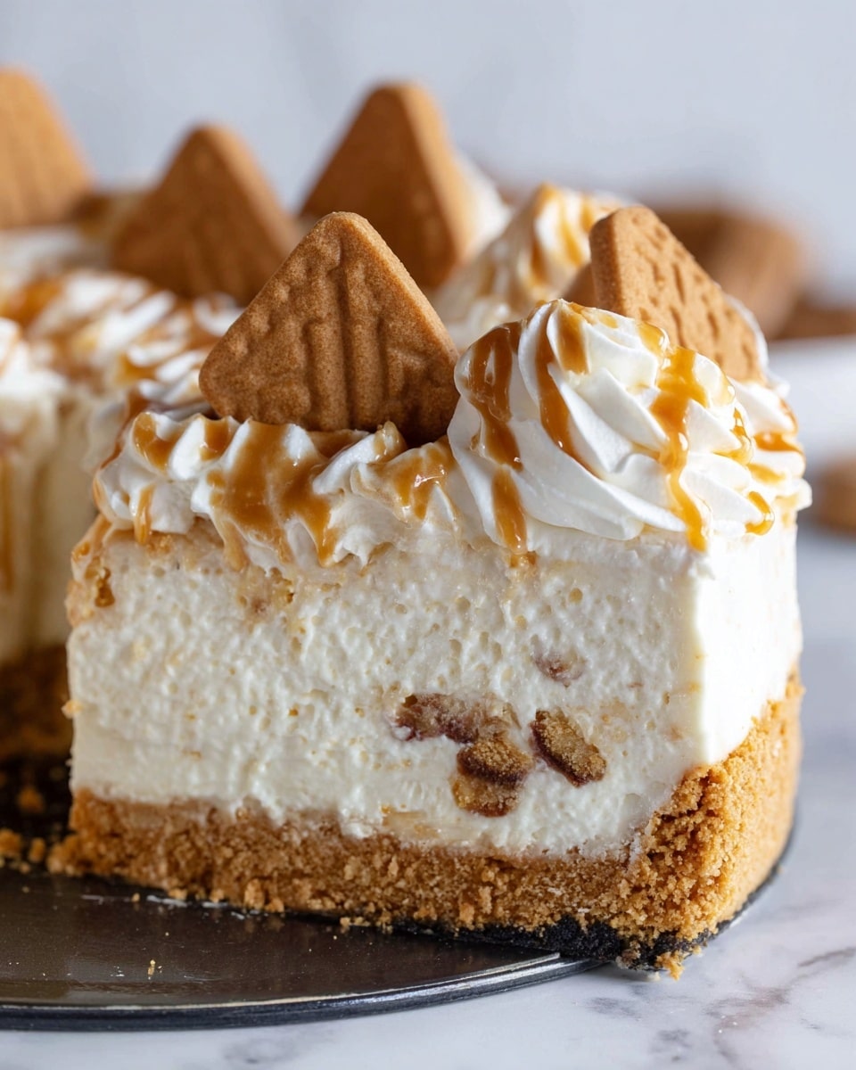 The image shows a creamy pie with three visible layers on a white marbled surface. The bottom layer is a thick, crumbly light brown crust. Above it is a thick, smooth white filling with a soft texture. The top layer is decorated with swirls of light brown caramel mixed through white cream, creating a marbled effect. Around the edge, there are white cream dollops topped with halves of light brown cookies, evenly spaced, adding texture and decoration to the pie. Photo taken with an iphone --ar 4:5 --v 7