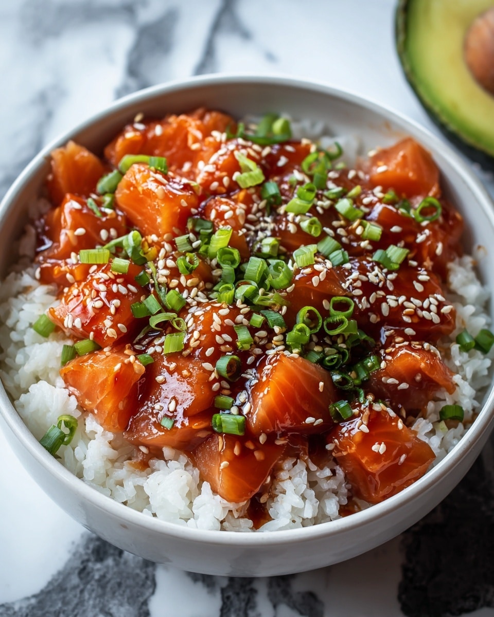 The image shows a white bowl filled with two main layers; the bottom layer is a bed of fluffy white rice, and the top layer is made up of shiny, fresh orange salmon chunks spread over the rice. The salmon is coated with a glossy sauce, and it is sprinkled with white sesame seeds and small chopped green onions. The bowl is placed on a white marbled surface, with a half avocado just visible in the top right corner, adding a touch of green to the scene. photo taken with an iphone --ar 4:5 --v 7