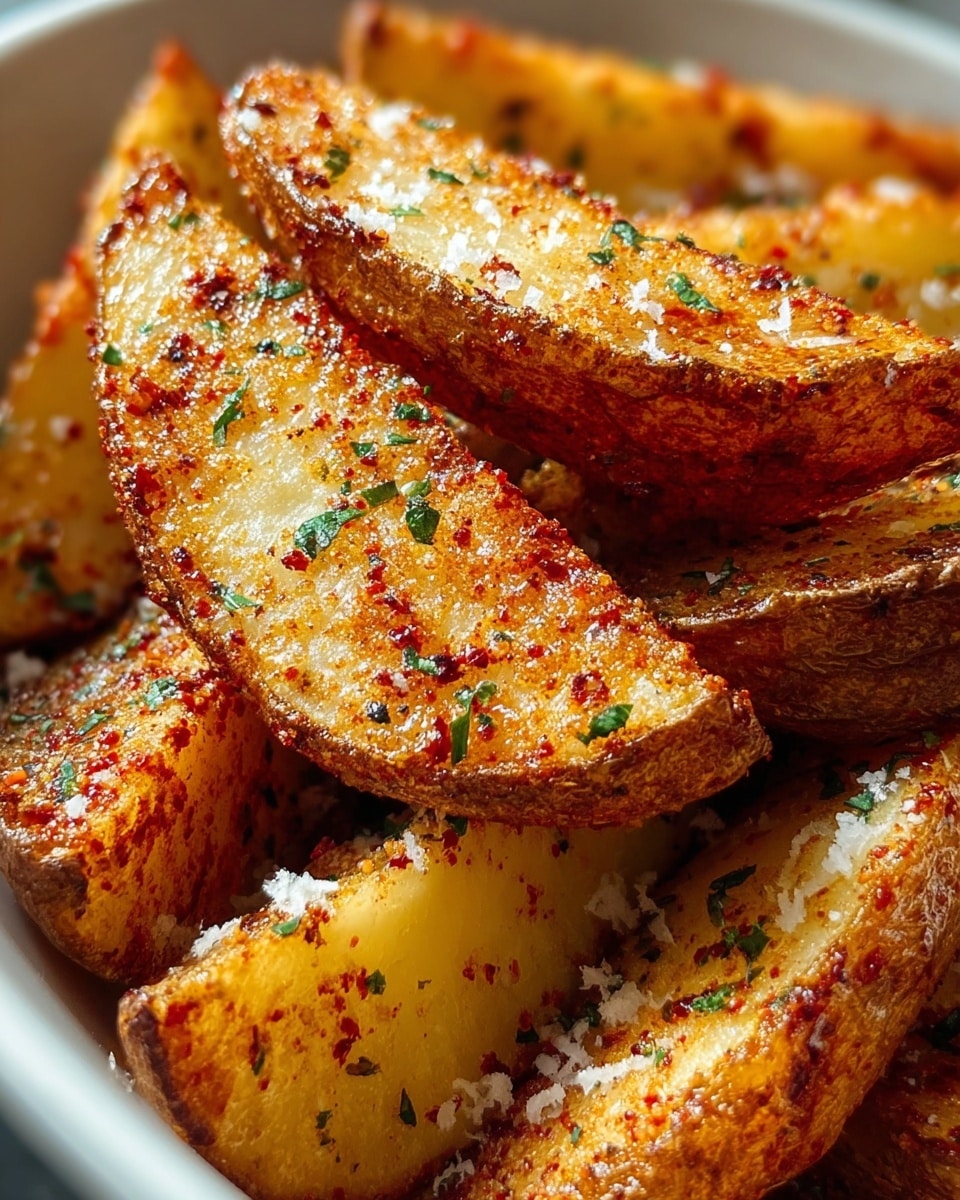 A close-up view of several potato wedges stacked in a white bowl, each wedge showing a crispy, golden-brown outer layer with a textured, slightly rough surface covered in specks of red spices and green herbs. The inside of the wedges is soft and pale yellow, with a light dusting of coarse salt and small bits of grated cheese visible. The potato skins are well roasted and browned, adding a rustic contrast to the lighter flesh. The image focuses on the details of the seasoning and texture, with vibrant colors and a warm glow suggesting fresh cooking. photo taken with an iphone --ar 4:5 --v 7