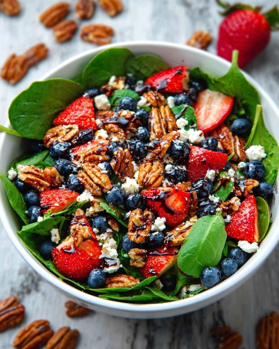 A white bowl full of a colorful salad sits on a white marbled surface, layered starting with fresh green spinach leaves at the bottom, followed by vibrant red strawberry slices and whole dark blue blueberries scattered evenly on top. Large brown toasted pecans and small chunks of golden brown nuts add crunch throughout. White crumbles of cheese are sprinkled on all layers, and a glaze of dark balsamic dressing drizzles over everything. Pieces of nuts and pecans also lie around the bowl on the marbled surface, adding texture to the scene. photo taken with an iphone --ar 4:5 --v 7