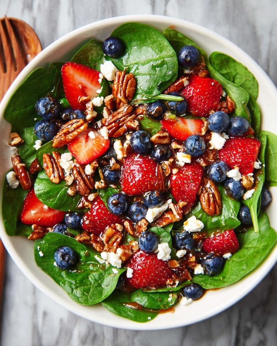 A fresh salad served in a white bowl sits on a white marbled surface, showing three main layers: the bottom layer is a bed of crisp green spinach leaves; the middle layer has bright red strawberry slices and deep blue blueberries scattered evenly; the top layer is made up of shiny brown pecans, small white cheese crumbles, and a glossy brown dressing drizzled over everything. Photo taken with an iphone --ar 4:5 --v 7