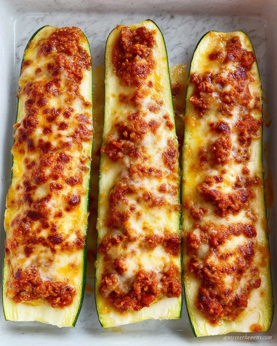 Four zucchini boats are placed side by side in a white baking dish on a white marbled surface. Each zucchini is sliced in half lengthwise, hollowed out, then filled with a thick, chunky tomato and meat sauce layer that is a bright reddish-orange color with a slightly coarse texture. This is topped with a visibly melted layer of golden-brown, bubbly cheese slightly browned in spots, covering the entire filling. The zucchini shells are a fresh green color, creating a fresh contrast to the rich topping. The photo taken with an iphone --ar 4:5 --v 7