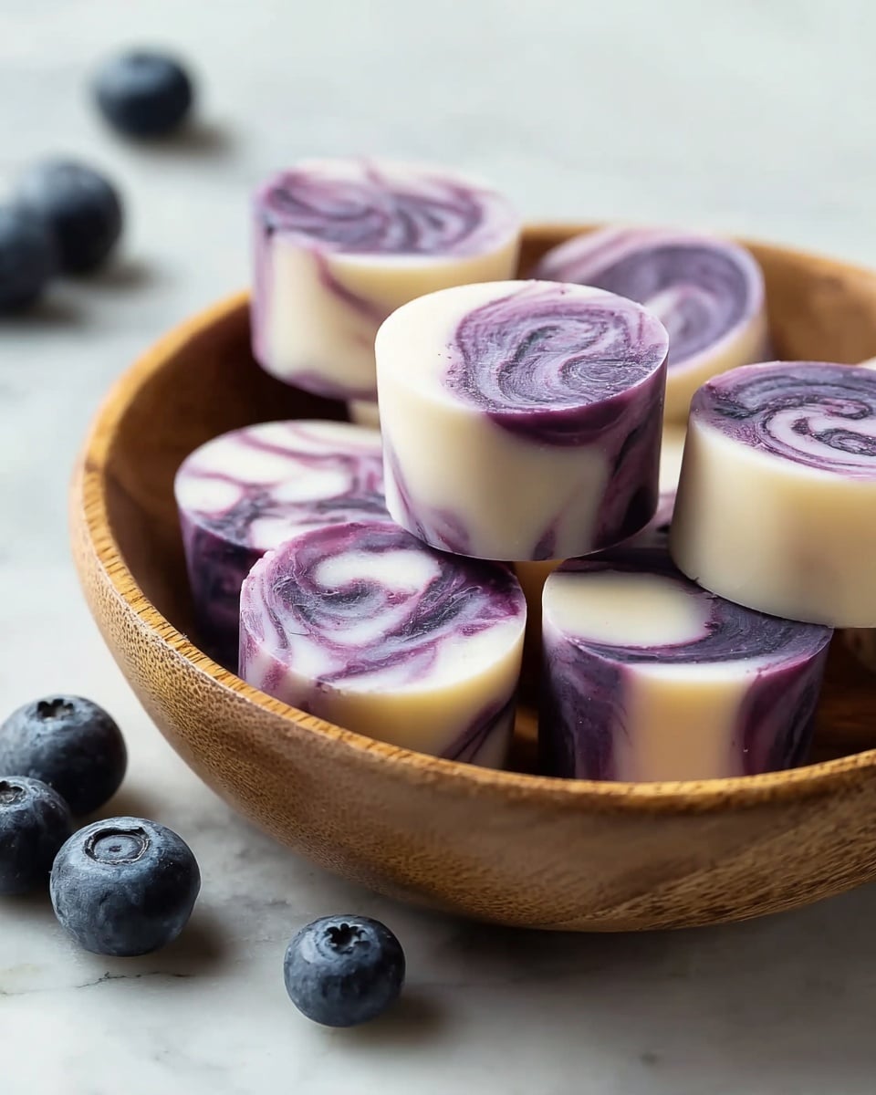 The image shows several small round treats with two main layers: a white creamy base swirled with purple in a marbled pattern, giving each piece a smooth texture with unique swirls on top and around the sides. They are arranged in a wooden bowl, with some pieces stacked on top of others. The purple swirls vary from light to dark shades, creating a rich contrast against the white part. Around the bowl, there are a few fresh blueberries placed on a white marbled surface. The scene feels fresh and inviting, highlighting the details and colors of the swirled treats. photo taken with an iphone --ar 4:5 --v 7
