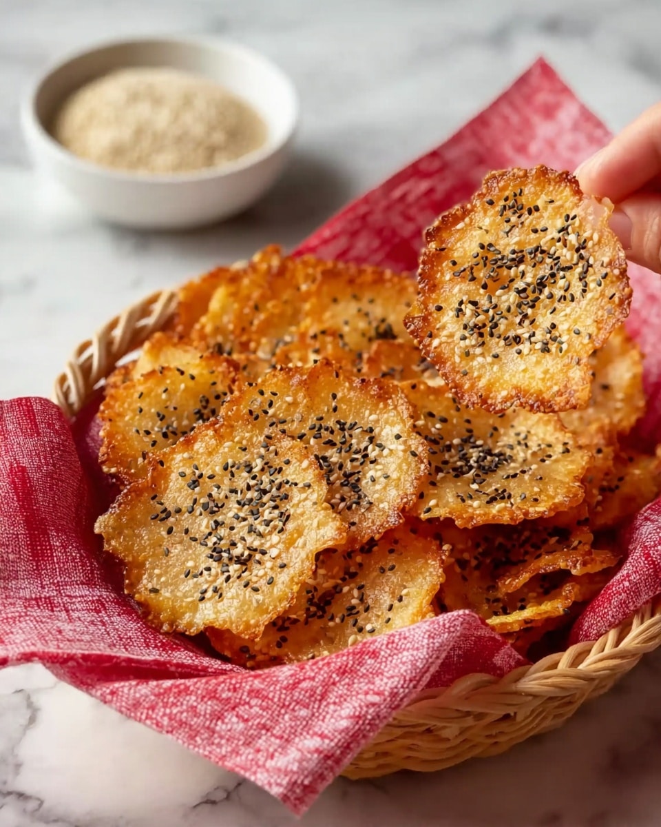 A small basket lined with a red and white checkered cloth holds a pile of thin, golden-brown crisps that are round with slightly jagged edges; each crisp is sprinkled with a mix of black and white sesame seeds, giving a speckled texture on the surface. A woman's hand is picking up one of the crisps from the top right of the basket. In the background, there is a small white bowl filled with more sesame seeds, sitting on a white marbled surface. The overall look is warm and crispy with contrasting speckles from the seeds. photo taken with an iphone --ar 4:5 --v 7
