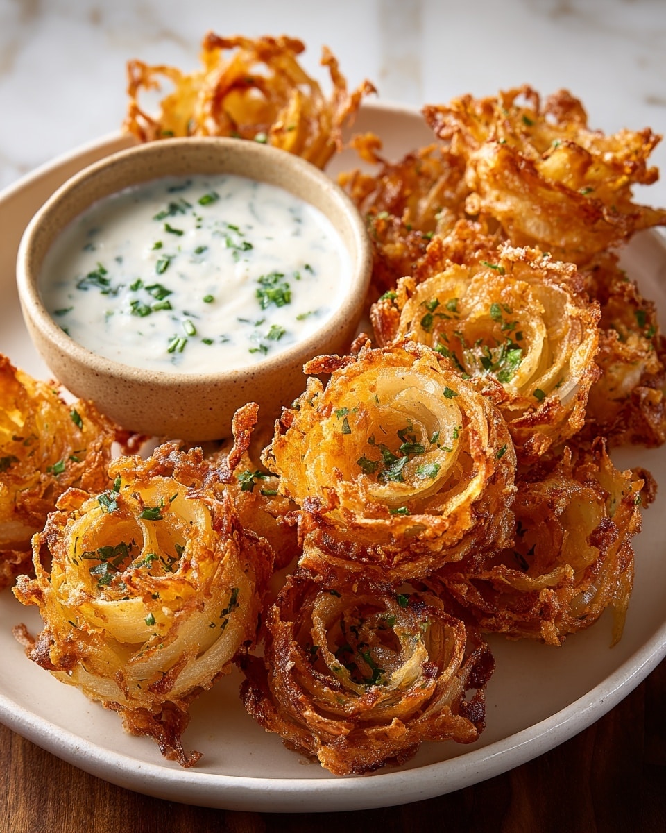 The image shows a white plate filled with crispy, golden-brown onion rings shaped like flowers, each layer formed by thin, curly onion slices fried to a crunchy texture with small green herb bits sprinkled on top. A small beige bowl with a smooth texture sits on the left side of the plate, filled with creamy white dipping sauce speckled with chopped green herbs. The plate rests on a white marbled surface with a soft, natural light highlighting the warm tones and details of the dish. photo taken with an iphone --ar 4:5 --v 7