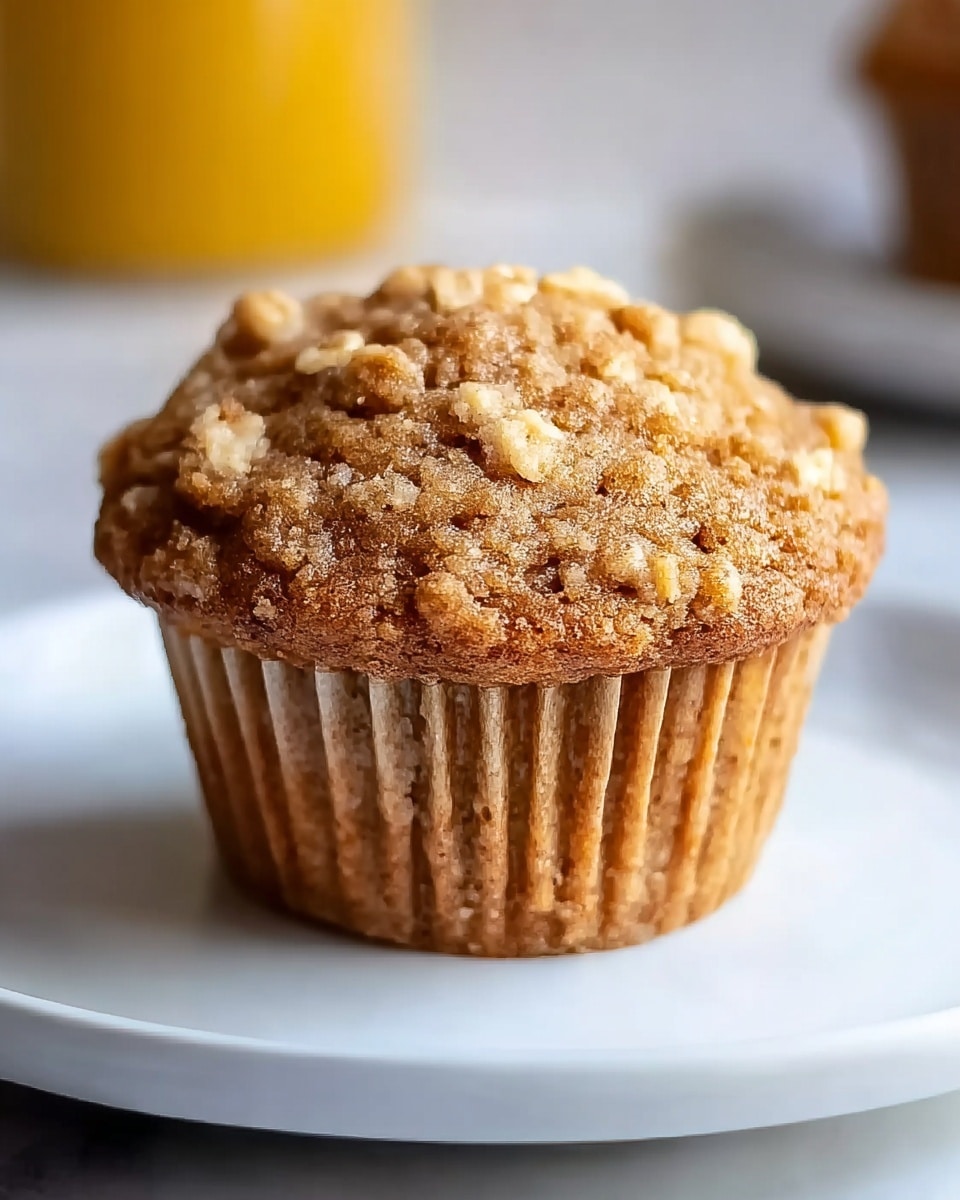 A single muffin sits on a simple white plate with a smooth, clean surface, placed on a white marbled background. The muffin has one main layer, light brown in color with a slightly rough texture showing small crumbs. The top is uneven and studded with small, pale oats creating a soft, crunchy look. The muffin’s sides have gentle ridges from the paper liner, which is the same light brown color as the muffin itself. The background is softly blurred with hints of yellow, making the muffin the clear focus. photo taken with an iphone --ar 4:5 --v 7