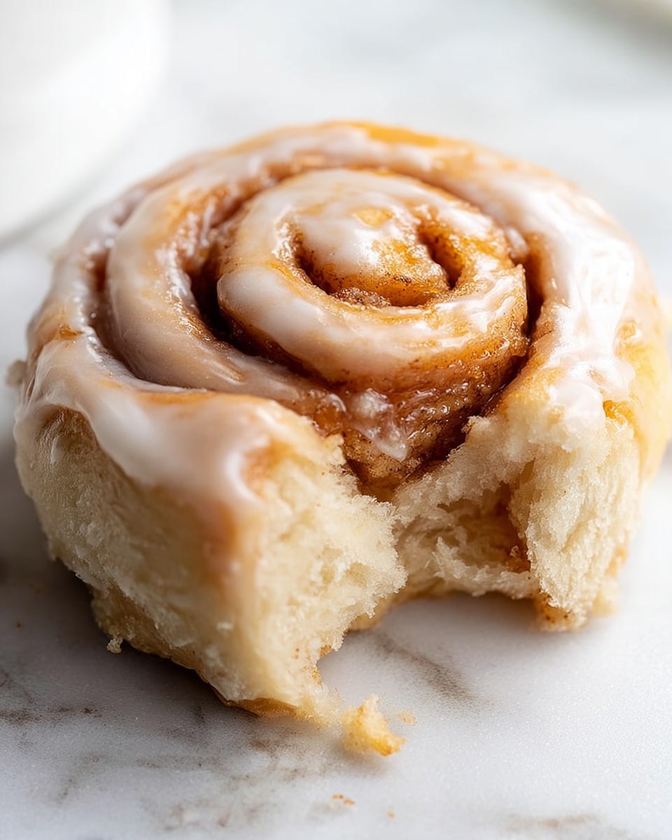 A close-up of a cinnamon roll with a bite taken out of it, showing three visible layers of soft dough with light golden brown swirls of cinnamon filling inside. The outer layer is covered in a slightly shiny, white glaze, thickly spread and smooth in texture. The cinnamon roll sits directly on a white marbled surface, with a slightly rough texture around the edges of the bite mark. Photo taken with an iphone --ar 4:5 --v 7