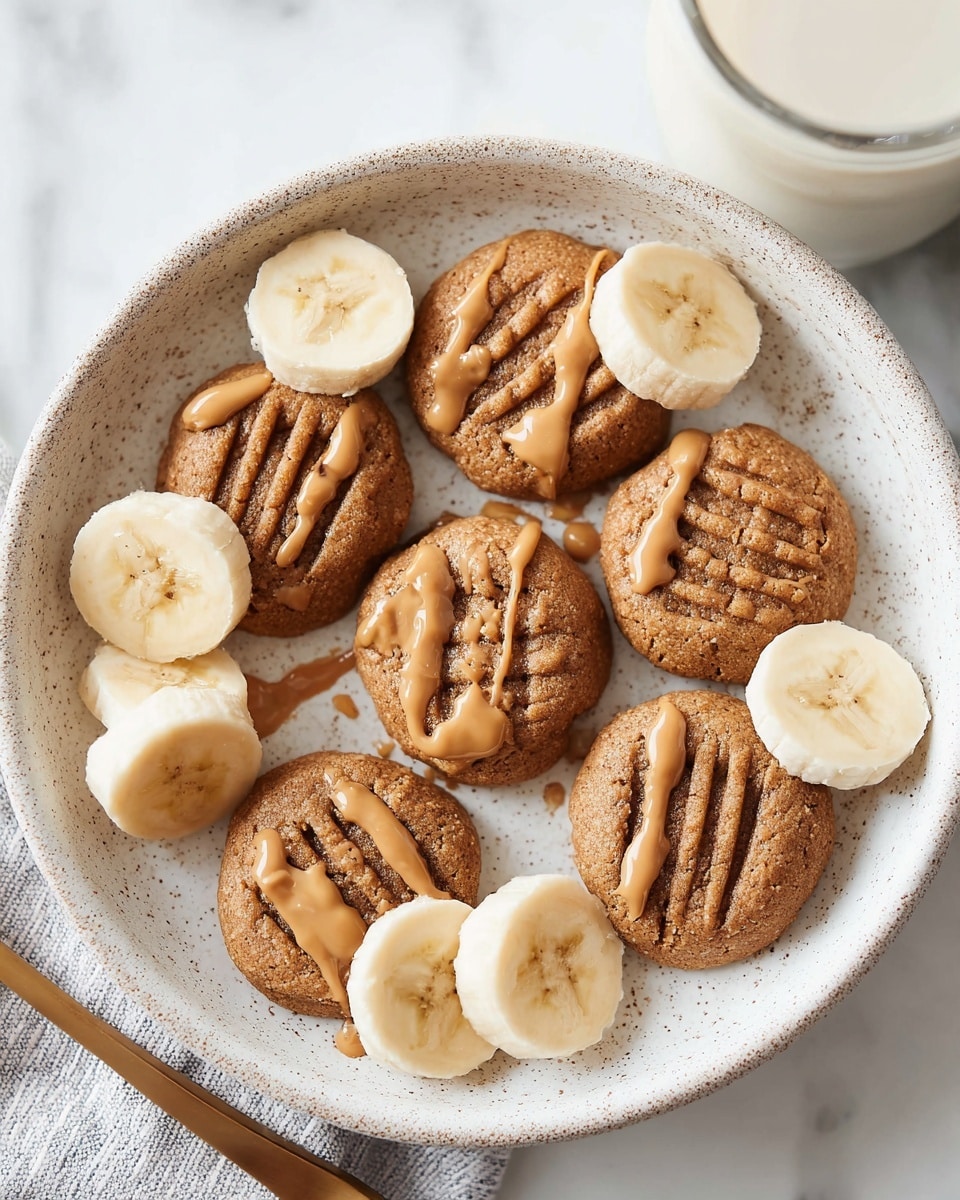 A white speckled round plate holds seven small, round brown cookies with fork-pressed lines on top, each cookie drizzled with light brown peanut butter in thin, irregular streaks. Around the cookies, there are six slices of banana, showing their creamy white color with small brown seeds and soft texture. The background is a white marbled surface, and part of a glass of milk is visible at the top right corner. photo taken with an iphone --ar 4:5 --v 7