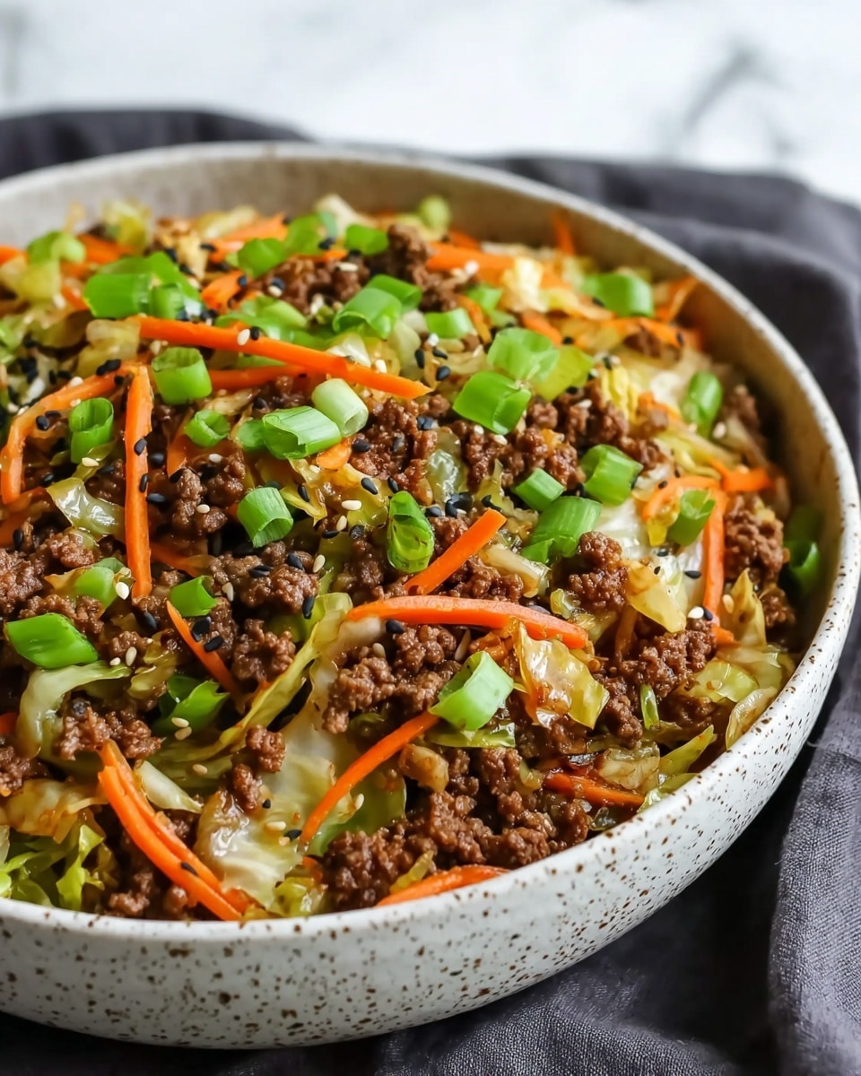 A close-up view of a white speckled bowl filled with a colorful ground beef stir-fry dish. The dish has three main layers visible: the bottom layer is made of finely chopped sautéed green cabbage, the middle layer features cooked, crumbly brown ground beef mixed evenly throughout, and the top layer has bright orange thin carrot sticks and fresh chopped green onions scattered over the beef and cabbage. Small black sesame seeds are sprinkled across the entire surface, adding texture. The bowl rests on a dark cloth, all set against a white marbled texture. photo taken with an iphone --ar 4:5 --v 7