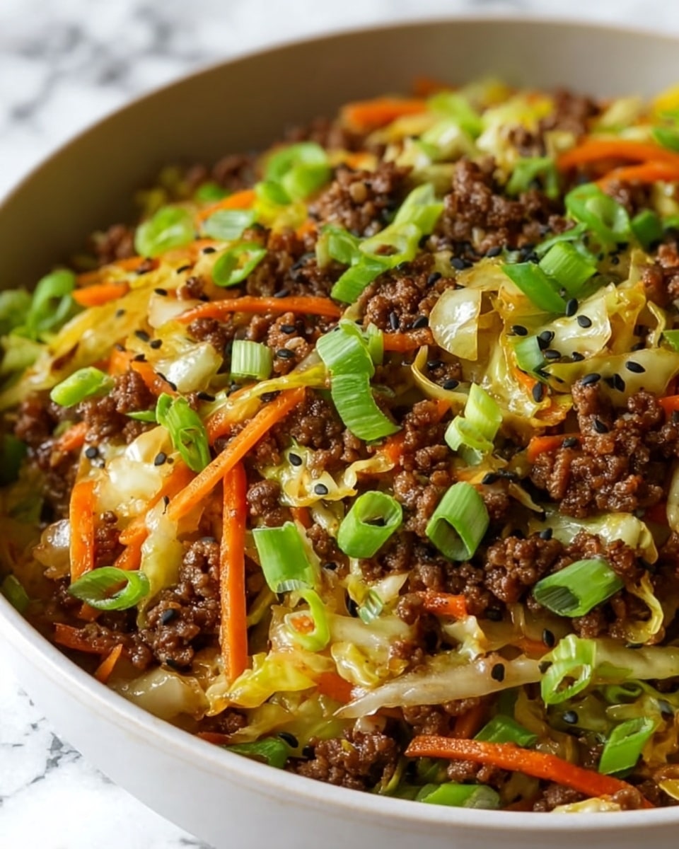 A close-up view of a savory dish in a white bowl, showing multiple layers mixed together: the base layer consists of browned ground meat with a crumbly texture and deep brown color; mixed throughout are thin strips of cooked cabbage that are light green with some translucent parts, and bright orange carrot sticks that add a crunchy look; scattered on top are chopped green onions with a fresh, bright green color and small black sesame seeds adding contrast. The ingredients are glistening slightly, indicating a light coating of sauce. The scene is set against a white marbled surface. Photo taken with an iphone --ar 4:5 --v 7