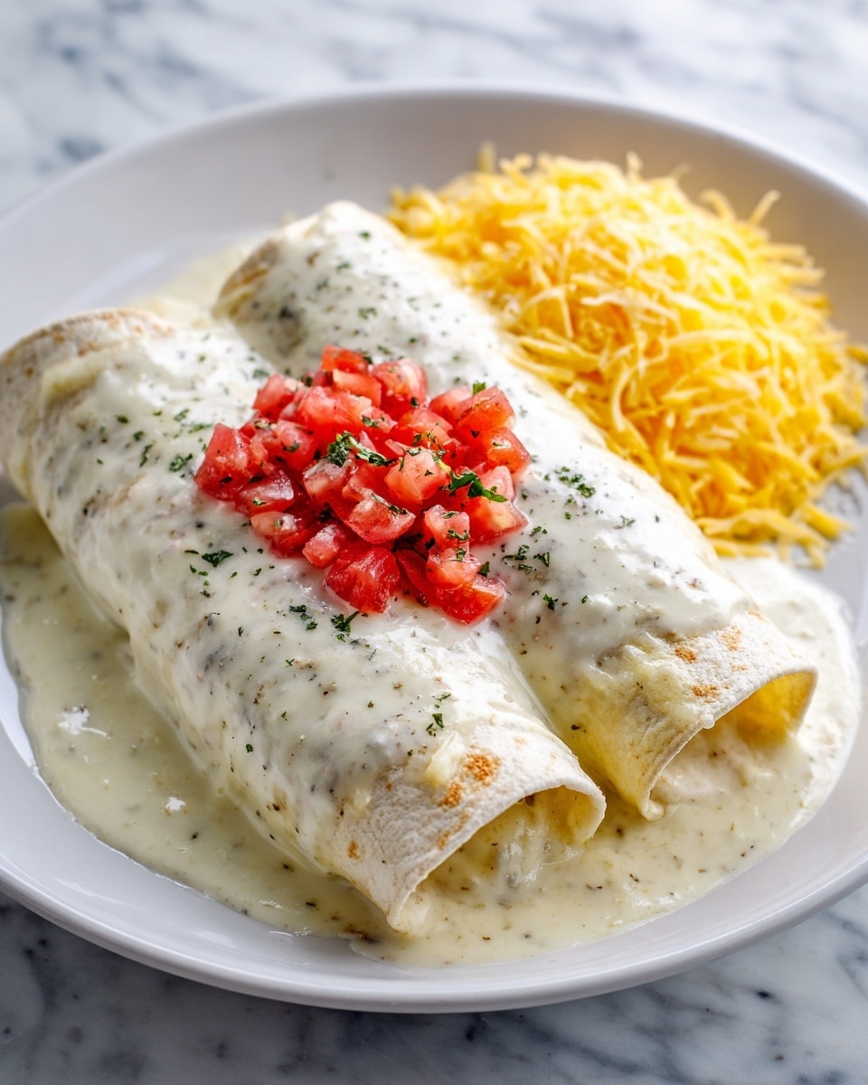 The dish shows three rolled tortillas placed side by side on a white square plate, each lightly browned and filled with a visible layer of white rice inside. The tortillas are fully covered in a thick, creamy white sauce flecked with small bits of herbs and red seasoning, topped with small diced red tomatoes and green cilantro leaves scattered over the top. On the right side of the plate, there is a large serving of finely shredded, bright orange-yellow cheese standing out against the creamy sauce. The plate is set on a white marbled surface with a stovetop in the blurred background. photo taken with an iphone --ar 4:5 --v 7
