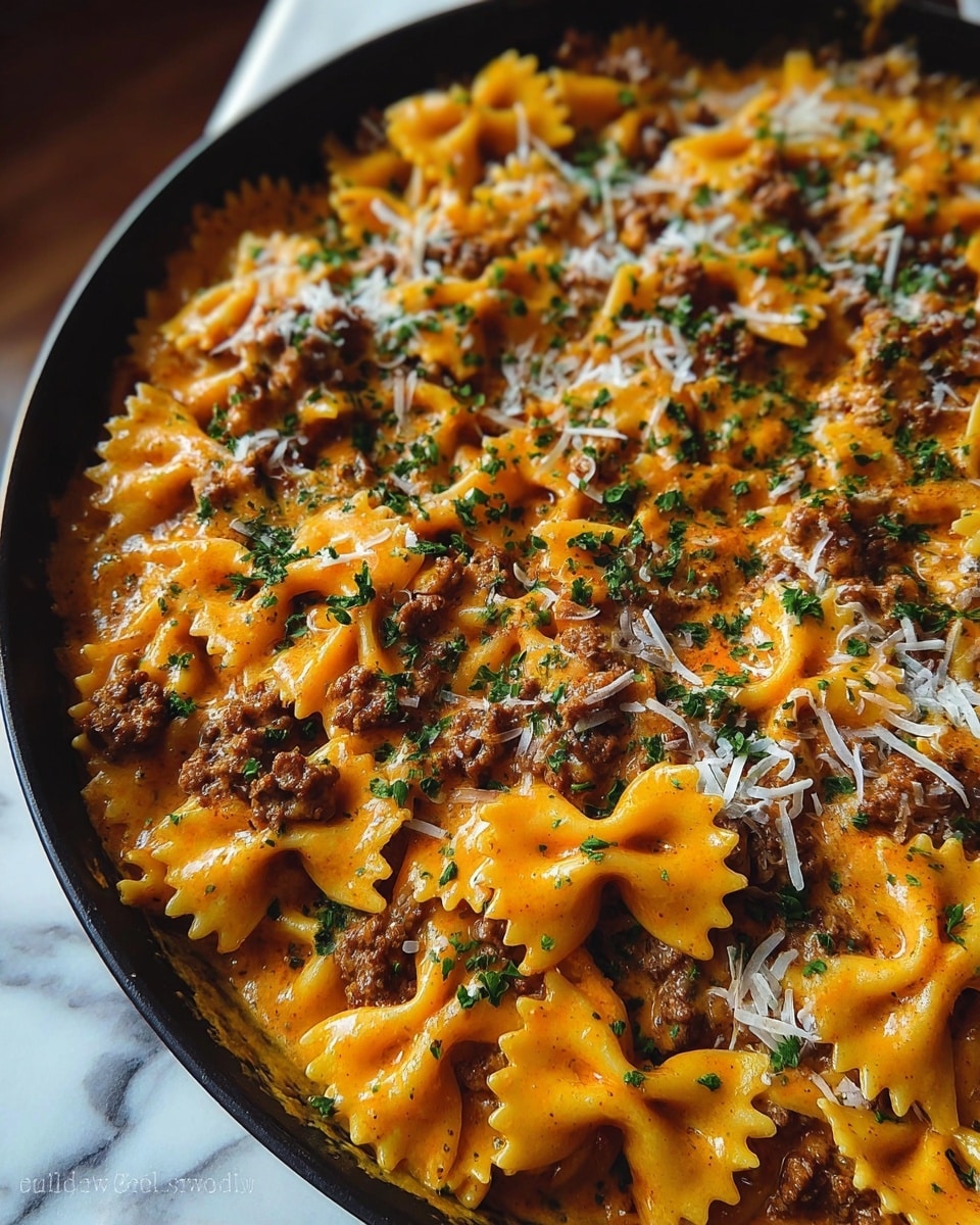 The dish shows a close-up of creamy pasta with three main layers: the base layer is filled with yellow bow-tie (farfalle) pasta that is well coated in a rich orange cheese sauce. The second layer adds crumbled browned ground meat mixed evenly over the pasta, adding texture and a slightly darker brown color. The top layer features finely chopped green herbs sprinkled across the dish, along with thin strands of melted white cheese that blend into the sauce on top. The pasta is served in a black pan set on a white marbled surface, giving a cozy and warm look. Photo taken with an iphone --ar 4:5 --v 7