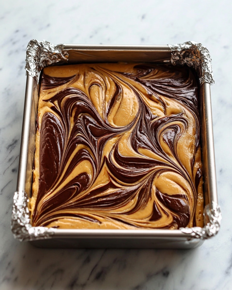 A glass rectangular pan lined with crinkled aluminum foil holds a dessert with two swirled layers, one light caramel brown and the other rich dark brown, creating a marbled pattern on the top. The swirls form elegant, flowing shapes covering the surface, with the caramel layer looking smooth and creamy, and the dark layer glossy and thick. The pan is placed on a white marbled surface. photo taken with an iphone --ar 4:5 --v 7