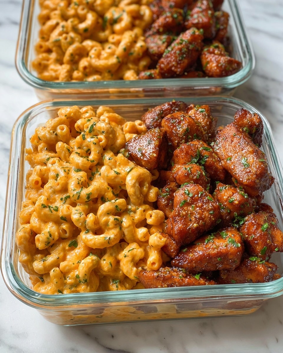 The image shows a clear rectangular glass container filled with two main layers of food. On the left side is a creamy, orange-colored macaroni and cheese with visible small green herb pieces sprinkled on top, giving it a textured look. The macaroni is curly and covered in a thick cheese sauce. On the right side are browned, bite-sized pieces of chicken with a glossy finish and small green herb bits scattered on them, making the chicken appear juicy and seasoned. Behind the front container is another similar glass container, showing the same macaroni and chicken combination. The containers are set on a white marbled surface. photo taken with an iphone --ar 4:5 --v 7