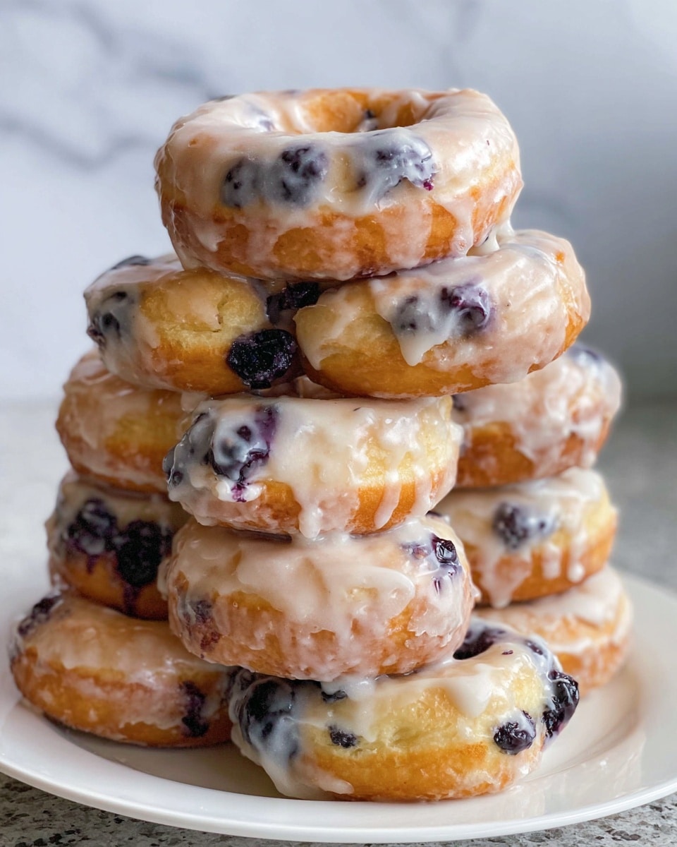 A stack of seven glazed blueberry donuts sits on a white plate, each donut thick and fluffy with a light golden-brown color. The glazing is shiny and white, dripping slightly down the sides, covering each donut irregularly and adding a sticky texture layer on top. Dark purple blueberries are visible baked into the donut dough, scattered inside and peeking through the glaze. The donuts are stacked unevenly, creating a tall, inviting tower of sweet and fruity treats. The background shows a soft white marbled texture, adding a clean and bright feel to the image. Photo taken with an iphone --ar 4:5 --v 7