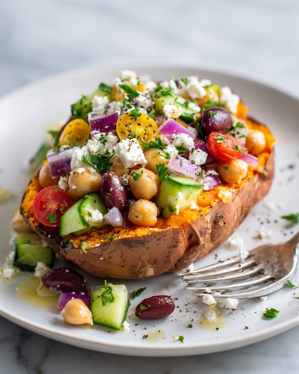 The image shows a white plate with a baked sweet potato cut in half as the base layer, its skin is brown and the inside is bright orange and smooth. On top, there is a thick layer of a colorful salad featuring beige chickpeas, dark red kidney beans, green diced cucumbers, small halved red and yellow cherry tomatoes, and thin purple onion slices. White chunks of crumbly feta cheese are scattered on top and around the sweet potato, mixed with finely chopped green herbs, likely parsley. The dish is lightly sprinkled with black pepper and some shiny olive oil glistens in small drops. A silver fork rests on the plate edge, all placed on a white marbled surface. photo taken with an iphone --ar 4:5 --v 7