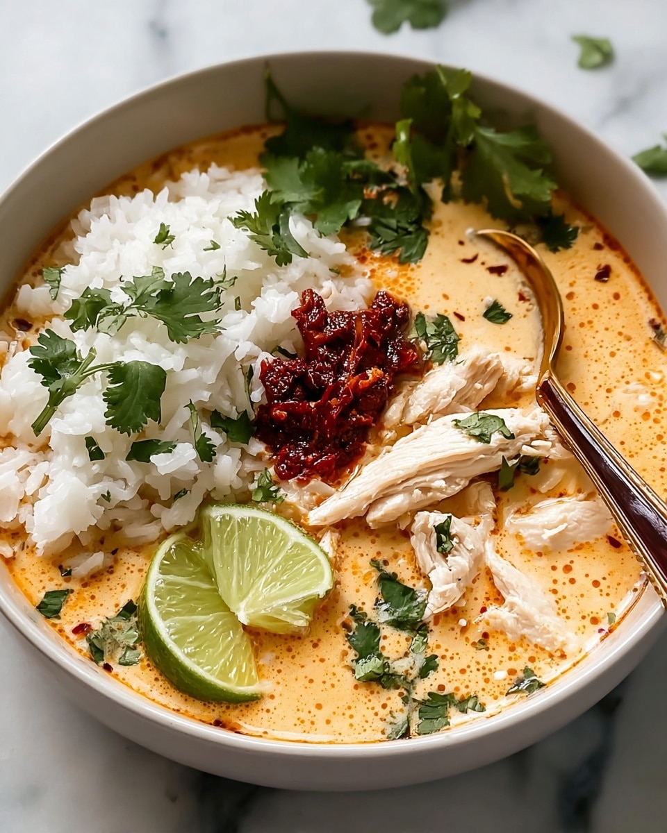A white bowl filled with a creamy light orange soup as the base layer, topped with white rice on one side and sliced white chicken breast pieces placed next to it. There is a dollop of dark red chili paste in the middle, with green cilantro leaves scattered around the bowl. Two fresh green lime wedges rest on the edge of the soup, and a dark brown spoon is partially submerged on the right side. The bowl sits on a white marbled surface. photo taken with an iphone --ar 4:5 --v 7