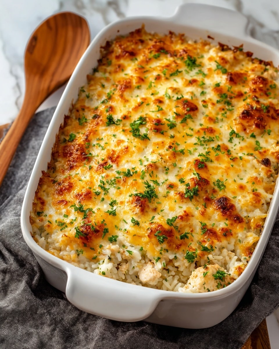A white ceramic baking dish filled with a baked rice casserole that has a browned, bubbly cheese layer on top. The casserole contains layers of white rice mixed with pieces of cooked chicken scattered throughout. The top layer features melted, golden-brown cheese with specks of fresh green parsley sprinkled evenly over the surface, adding a touch of color. The dish sits on a gray cloth on a white marbled textured surface with a wooden spoon nearby. Photo taken with an iphone --ar 4:5 --v 7