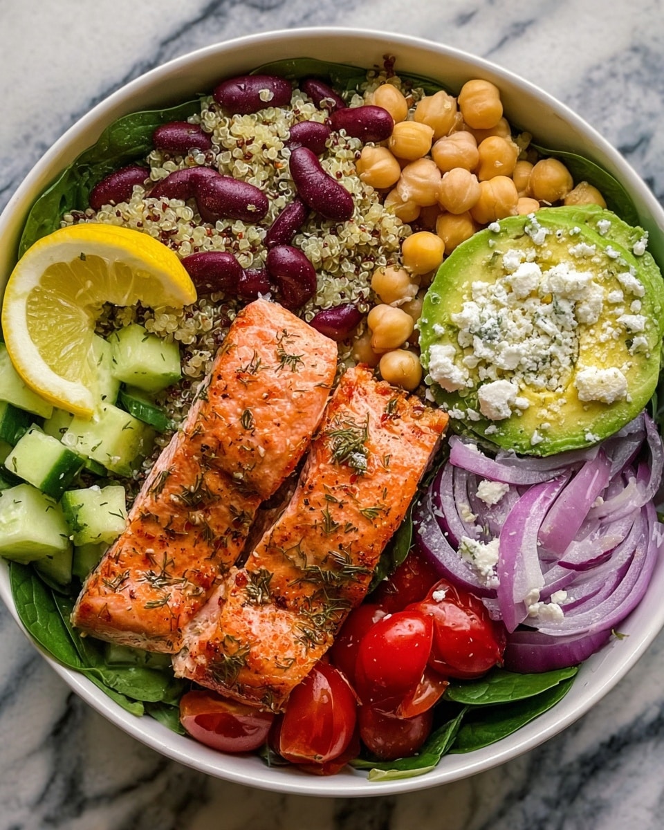A white bowl filled with a colorful layered salad is shown on a white marbled surface. The bottom layer consists of green spinach leaves covering the entire bowl. On top of the greens, the first section has cooked light beige quinoa mixed with dark red kidney beans and bright red cherry tomatoes. Next to it, there are light green cucumber cubes, and above those sits a cluster of pale yellow chickpeas. Two thick, orange grilled salmon fillets with a shiny herb glaze and seasoning are placed in the center. To the right side, thin slices of purple onion rest beside a bright green sliced avocado half that is sprinkled with white crumbled feta cheese. Two lemon slices with a yellow rind are placed near the top left edge of the salmon pieces. The textures vary from soft fish, creamy avocado, to crunchy fresh vegetables. photo taken with an iphone --ar 4:5 --v 7