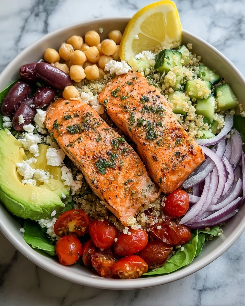 A white bowl filled with a colorful healthy meal is placed on a white marbled surface. At the center, two grilled salmon fillets with a golden-brown crust and sprinkled with herbs lie on top of a bed of light beige quinoa mixed with small green cucumber pieces. Around the salmon, on the right side, are sliced red onions and halved cherry tomatoes with a deep red hue. On the top left, pale yellow chickpeas and a thick lemon slice sit next to dark purple olives. On the bottom left, slices of pale green avocado and crumbled white feta cheese rest on fresh green spinach leaves, adding texture and freshness to the dish. Photo taken with an iphone --ar 4:5 --v 7
