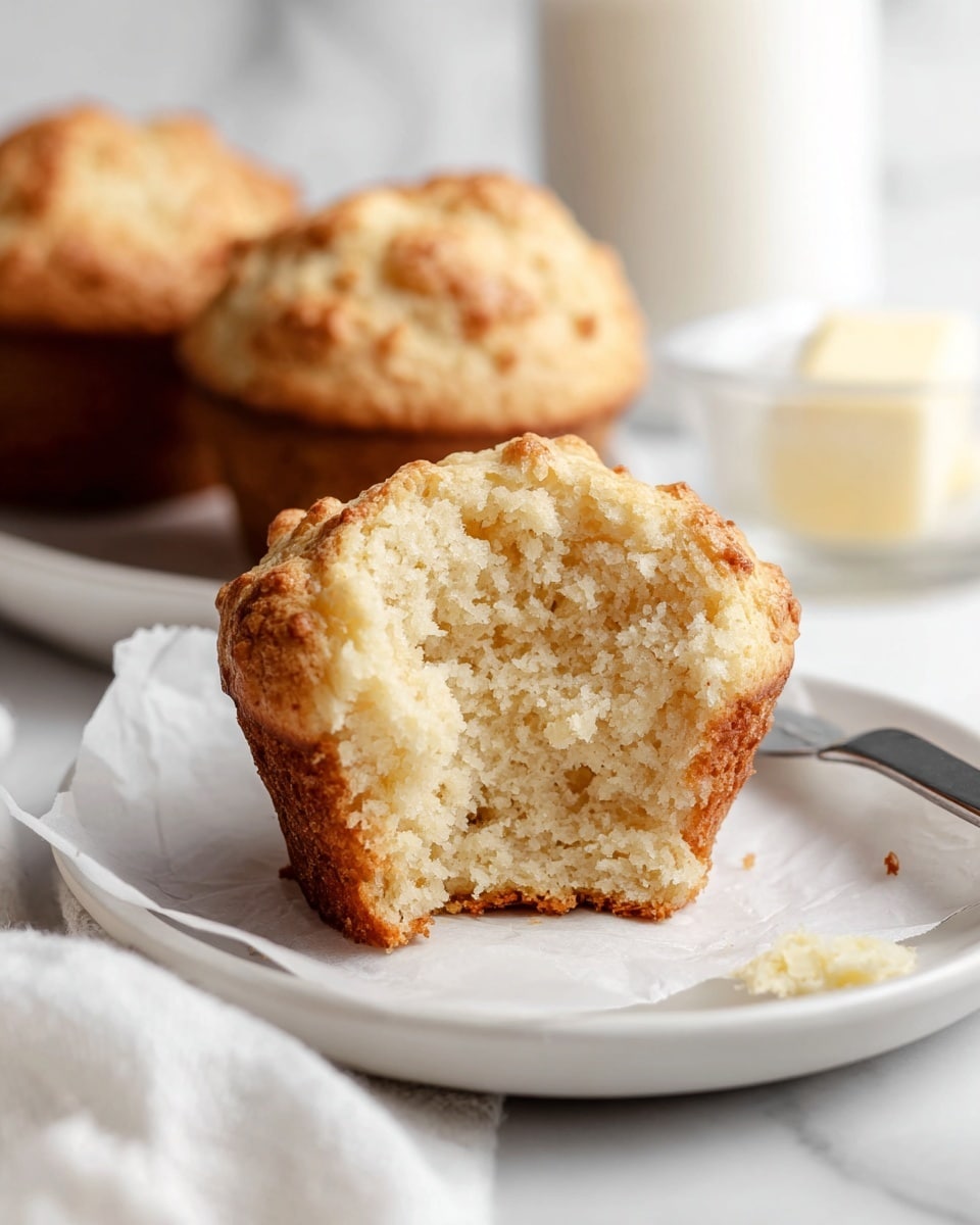 A close-up shot of a soft, golden-brown muffin placed on white parchment paper over a white plate, showing its crumbly and fluffy interior as the muffin is cut open from the front. The muffin has a slightly rough top crust with a warm golden color, and the inside is light beige with a textured, moist look. In the background, there are two more whole muffins slightly out of focus, and a blurred glass of milk behind them, all set on a white marbled surface with a soft white cloth underneath. A small knife with some butter is placed near the plate’s edge. Photo taken with an iphone --ar 4:5 --v 7