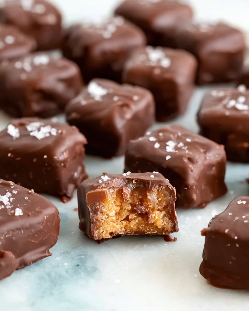 The image shows many small, square-shaped chocolate-covered treats arranged on a white marbled surface. Each treat has two visible layers: an outer layer of smooth, dark brown chocolate coating with a slightly shiny texture, and an inner layer that is a light golden brown with small bits of nuts or crisp inside, giving it a crunchy appearance. One piece is bitten, clearly showing the textured nutty inside covered by the thick chocolate shell. Some pieces have a sprinkle of coarse white salt on top, adding contrast to the dark chocolate. The treats are scattered closely, with soft focus on the background squares, highlighting the one bitten piece in sharp detail in the front. photo taken with an iphone --ar 4:5 --v 7