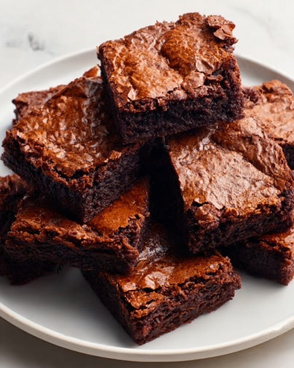 A white plate holds seven square brownies arranged in a slightly overlapping pile. Each brownie shows a rich, dark brown color with a shiny, cracked top layer that looks crispy and textured, revealing a moist, dense interior beneath. The edges of the brownies are firm and slightly raised, contrasting with the softer centers visible where the pieces meet. The background is a white marbled surface that highlights the deep brown of the brownies, making them look fresh and inviting. Photo taken with an iphone --ar 4:5 --v 7