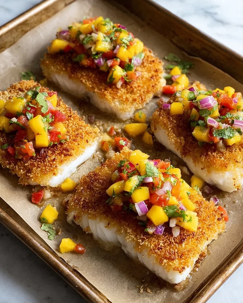 The image shows three pieces of breaded, cooked fish fillets on a baking tray with parchment paper. Each fillet has two layers: the bottom layer is the thick, white fish with a firm texture, and the top layer is a golden-brown crispy crust. On top of each fillet, there is a colorful salsa made of small diced yellow mango, red tomato, red onion, and green cilantro, creating a fresh and bright look. The baking tray sits on a white marbled surface. photo taken with an iphone --ar 4:5 --v 7
