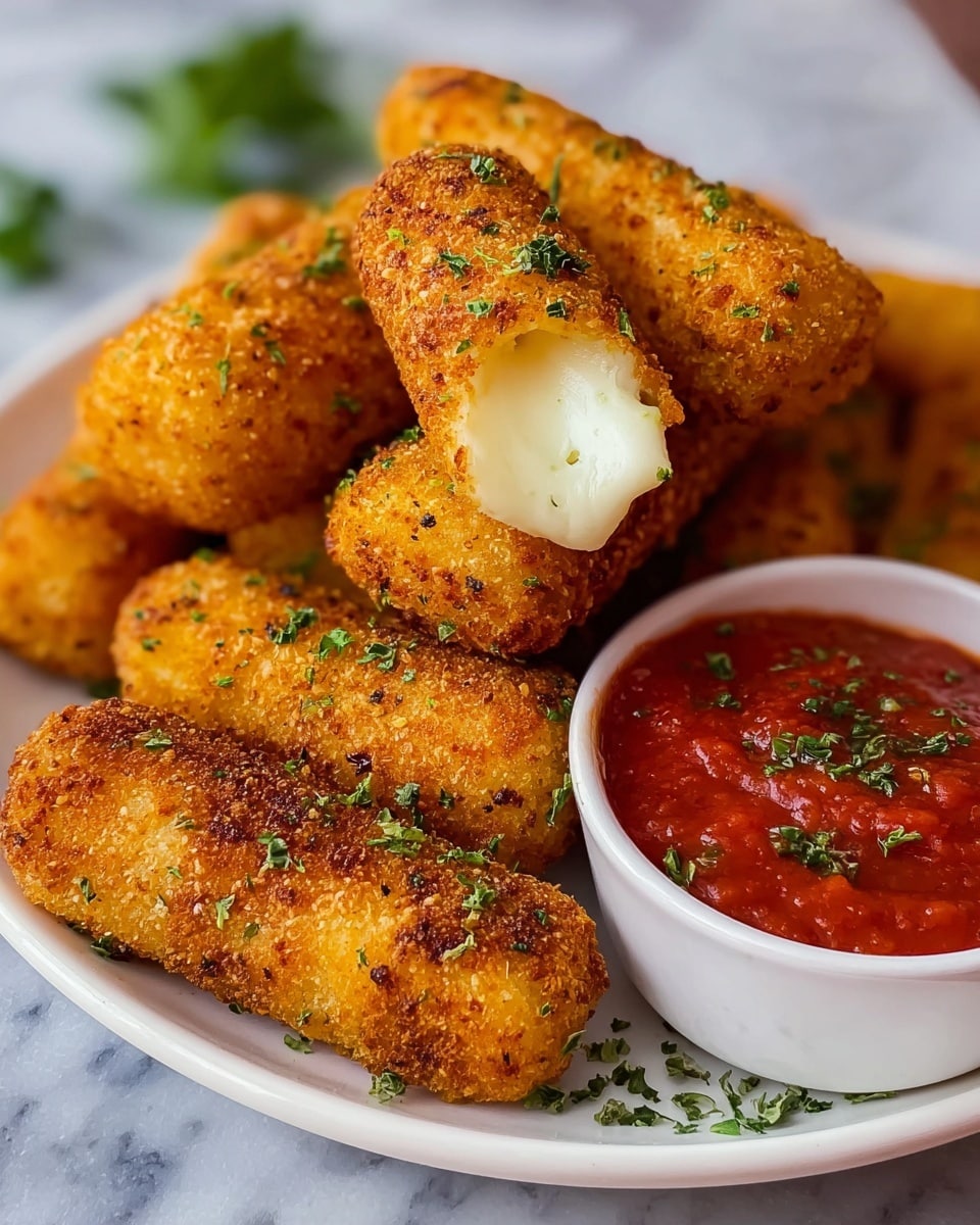The image shows a white plate filled with golden, crispy fried mozzarella sticks stacked in a pile. The outer layer of each mozzarella stick is textured with crunchy breading, sprinkled with finely chopped green herbs. One mozzarella stick is held upright by a woman's hand, with its melted white cheese inside clearly visible where it has been bitten. To the right of the plate, there is a small white bowl filled with smooth, rich red marinara sauce, also garnished with a few bits of herbs. The plate rests on a white marbled surface. Photo taken with an iphone --ar 4:5 --v 7