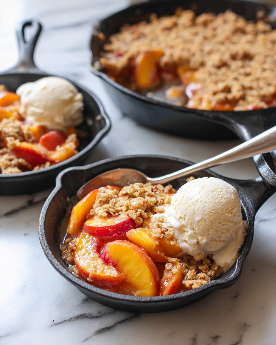 The image shows a small black cast iron skillet filled with two main layers: the bottom layer is made of bright orange and red peach slices with a juicy, glossy texture, while the top layer is a crumbly, golden-brown oat and cookie crust with bits of oats visible. On the right side of the skillet, there is a large scoop of creamy off-white ice cream melting slightly onto the fruit and crust. The skillet is placed on a white marbled surface. In the blurred background, there is a larger skillet with the same peach crumble dish and another small skillet partially visible. A silver fork lies in the skillet with the ice cream. Photo taken with an iphone --ar 4:5 --v 7