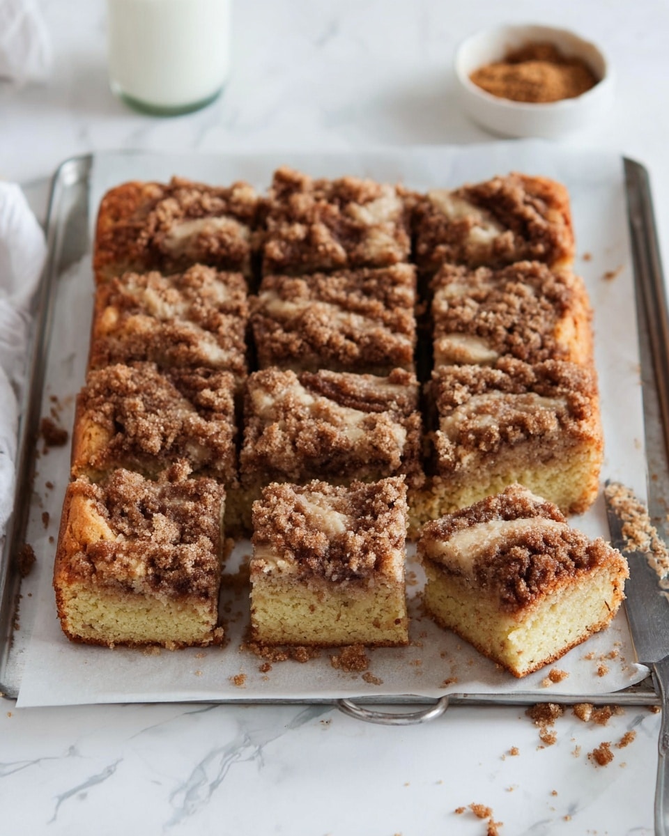 The image shows twelve square pieces of crumb cake arranged in a 3 by 4 grid on parchment paper over a metal tray. Each piece has two visible layers: a light golden yellow cake base with a soft texture and a thick, uneven top layer of crumbly brown cinnamon streusel. One piece is slightly pulled away from the grid to show the moist texture inside with swirls of cinnamon. Crumbs are scattered around the tray, and a metal knife rests nearby on a white marbled surface. A small white bowl filled with brown sugar and a glass of milk sit blurred in the background. photo taken with an iphone --ar 4:5 --v 7
