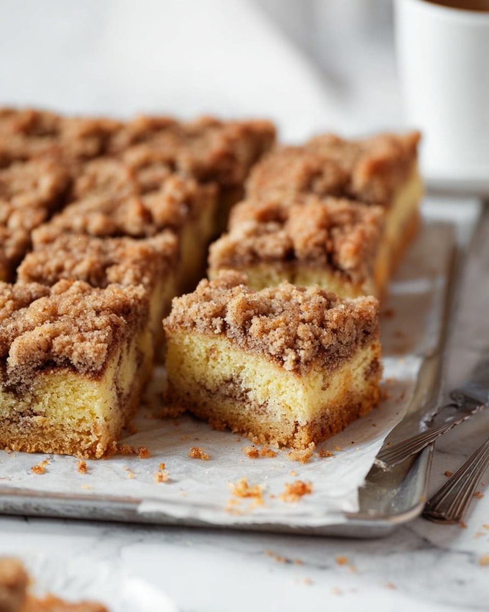 The image shows a batch of crumb cake cut into rectangular pieces on a parchment-lined metal tray placed on a white marbled surface. Each piece has two visible layers: a thick, moist yellow cake layer at the bottom with specks of brown swirls inside, and a crumbly, uneven textured brown streusel topping that looks crunchy. One piece is slightly pulled away and angled forward, revealing the soft cake and streusel layers clearly. There are a few crumbs scattered around on the surface and near a silver knife to the right. A blurred white cup is in the background. Photo taken with an iphone --ar 4:5 --v 7