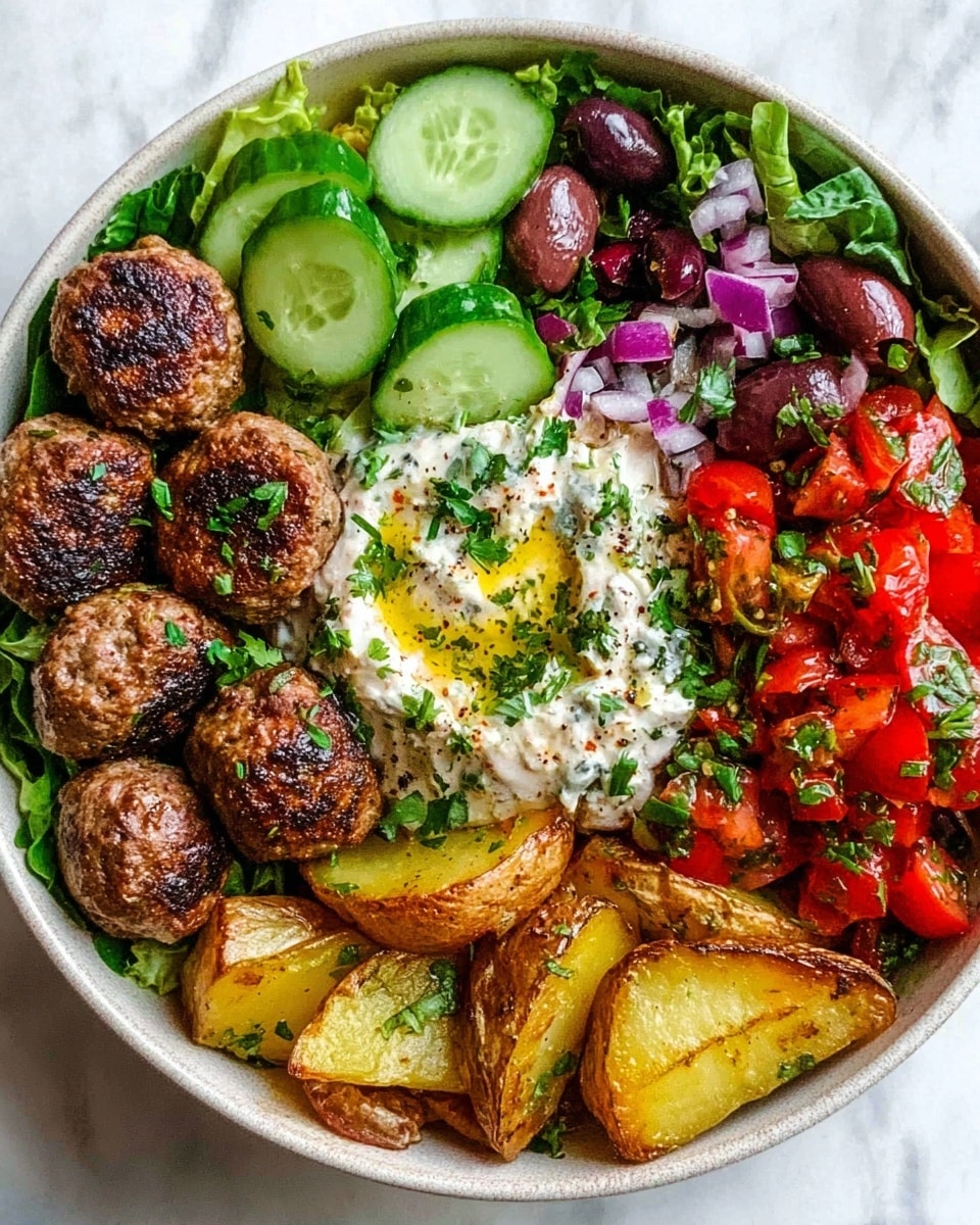 A bowl filled with a colorful mix of food on a white marbled background; starting from the top left, there is a layer of green leafy lettuce with bright green cucumber slices next to it; beside that, there are dark purple olives mixed with small pieces of red onion and more lettuce. Moving clockwise, on the right side, there are bright red chopped tomatoes sprinkled with green herbs. In the center, there is a generous dollop of creamy white sauce with bits of green herbs and a drizzle of shiny olive oil on top. Below the sauce, golden roasted potato wedges with a slightly crispy texture fill the bottom section. On the left center, a row of five brown, grilled meatballs with a slightly charred surface rests on some leafy greens. The entire dish is presented in a shallow white bowl. Photo taken with an iphone --ar 4:5 --v 7