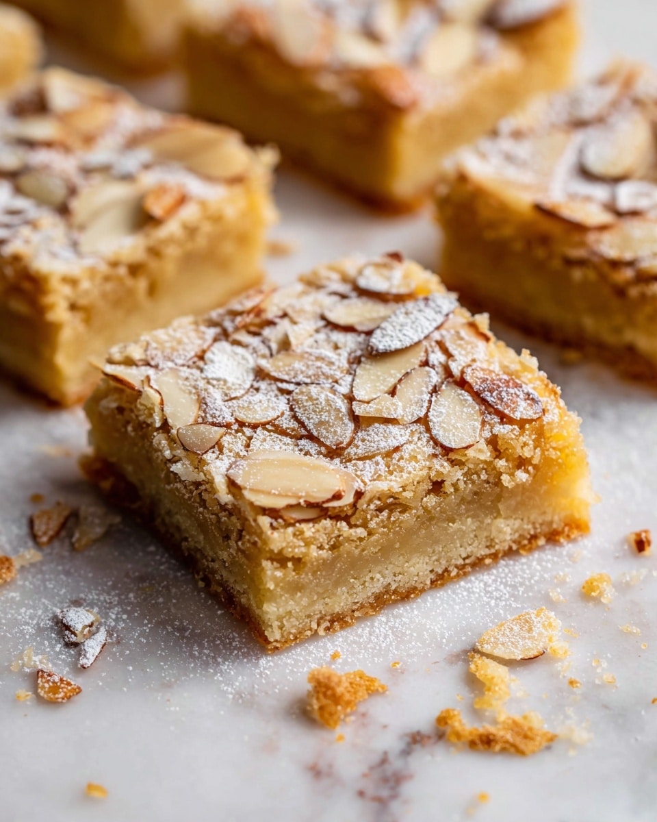 This image shows square almond bars arranged on a white marbled surface, each with two distinct layers: a thicker, light golden brown crumbly base and a thinner, slightly darker almond topping. The top layer is covered with thin, toasted almond slices, scattered slightly unevenly, and dusted with a light sprinkle of powdered sugar. The bars have sharp edges and a soft texture, with a few crumbs and almond flakes around them. The focus is on one bar in the front, with others softly blurred behind it, creating depth. photo taken with an iphone --ar 4:5 --v 7