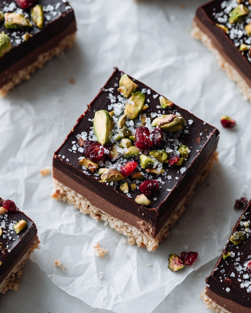 A rectangular metal baking pan lined with white parchment paper holds a mixture pressed flat and evenly spread to fill the pan. The mixture is a dark brown color with a coarse texture, speckled with small green, yellow, and beige bits, likely chopped nuts and seeds. The parchment paper extends over the pan’s edges, creating a neat border around the mixture. The pan rests on a white marbled surface with a light gray cloth partially visible on the bottom left side. photo taken with an iphone --ar 4:5 --v 7