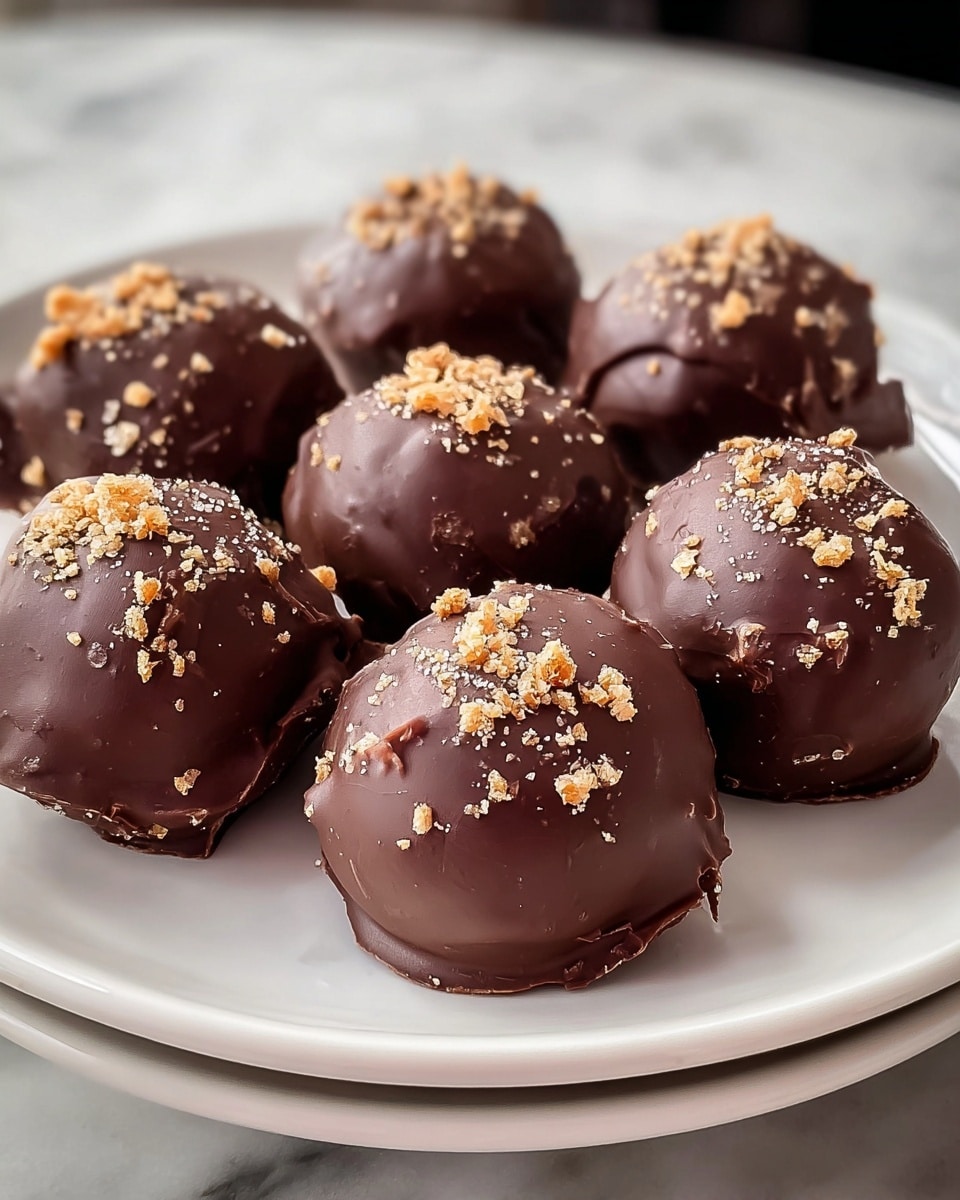 A white plate holds nine round chocolate truffles, each covered in a smooth, dark brown chocolate coating. The truffles are slightly irregular in shape, with a textured, uneven surface showing some small bumps and cracks. On top of each truffle, there are small, light brown crunchy bits sprinkled evenly, adding a contrast in color and texture. The chocolate coating looks shiny and thick, with some areas appearing more matte. The plate is placed on a white marbled surface, and the close-up shot focuses on the front truffles with the others softly blurred in the background. photo taken with an iphone --ar 4:5 --v 7