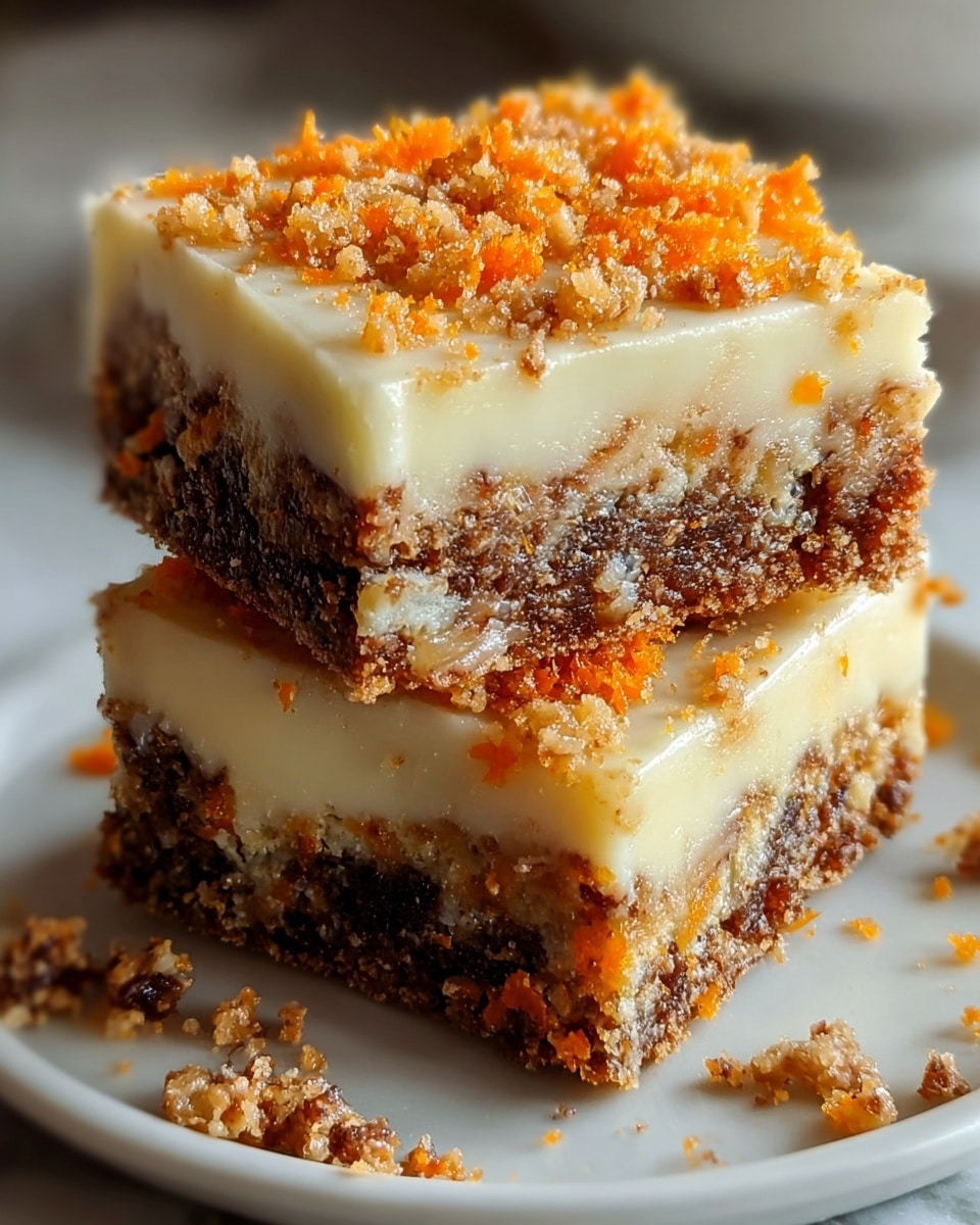 Two square pieces of layered dessert are stacked on a white plate placed on a white marbled surface. Each piece has three visible layers: the bottom and middle layers are a dark brown cake with bits of orange and a moist, crumbly texture; the top layer is a smooth, creamy off-white frosting. The top is sprinkled with fine, crunchy orange and light brown crumbs, adding texture and color contrast. The edges show some crumbs falling onto the plate. photo taken with an iphone --ar 4:5 --v 7